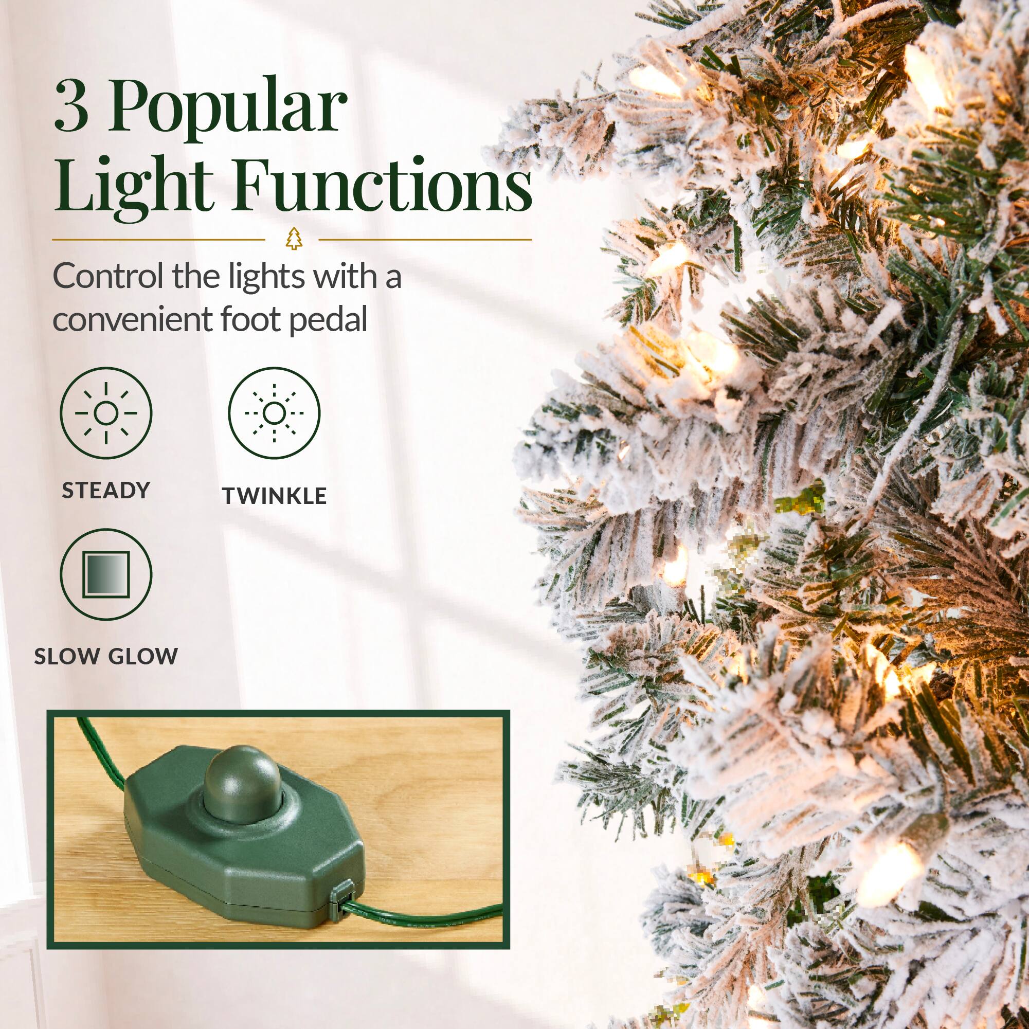 3 Popular Light Functions  
Control the lights with a convenient foot pedal  
STEADY  
TWINKLE  
SLOW GLOW