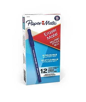 Paper Mate - Eraser Mate Erasable Ballpoint Pen, Medium Point, Dozen - Blue Ink