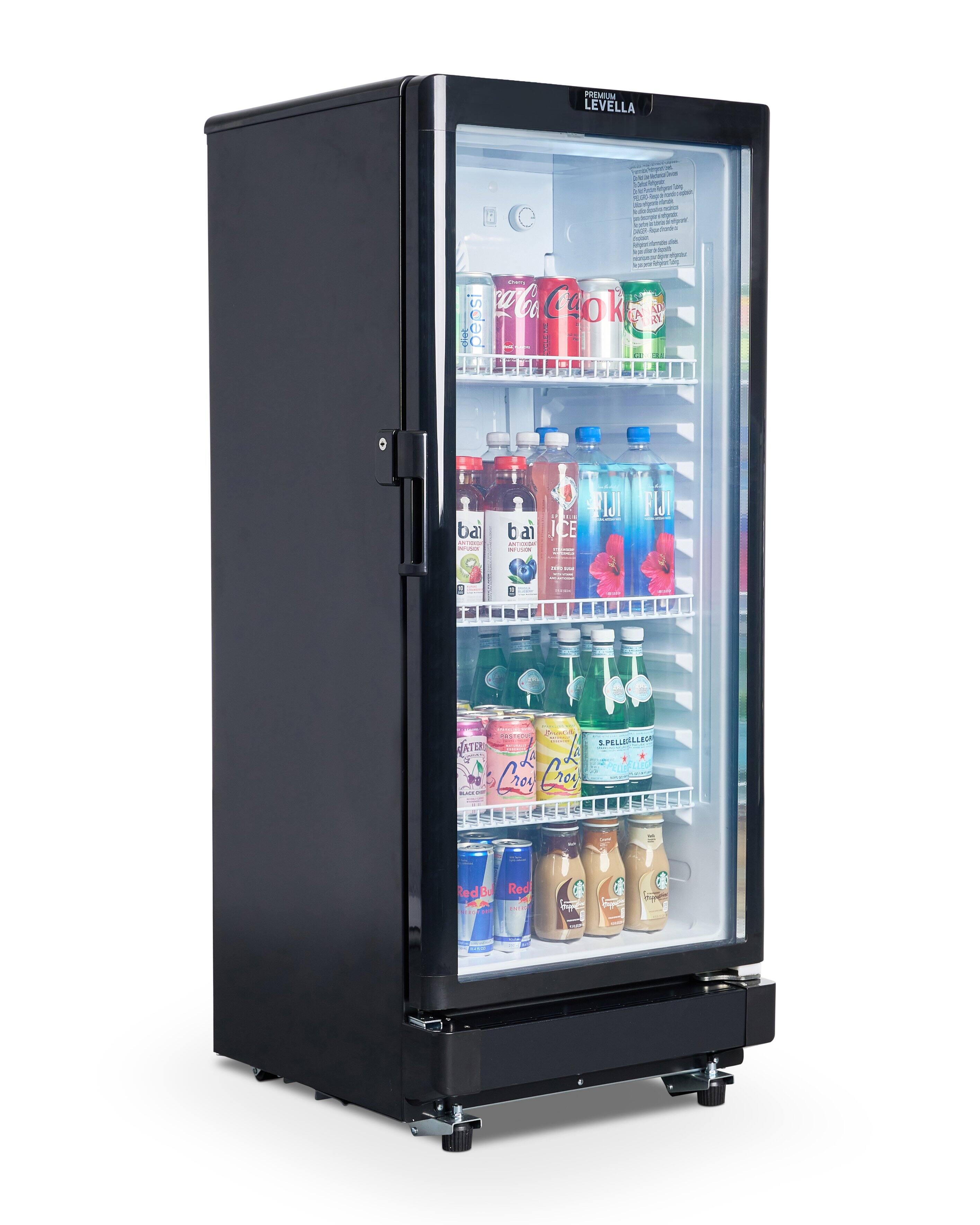 The image shows a black refrigerator with a variety of drinks inside. The drinks include bottles of water, juice, soda, and other beverages. The refrigerator is filled with these drinks, making it a convenient and accessible source of refreshments for those who use it.