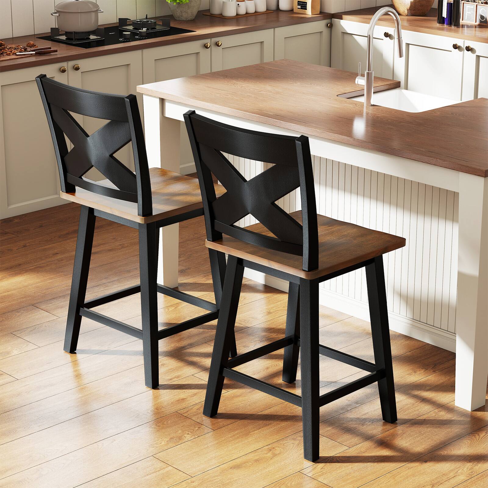 Alt View 1. Gymax - Gymax 24'' Swivel Barstools Set of 2 w/Backrest Large Seat Footrest for Kitchen Island Black & Walnut - Black.