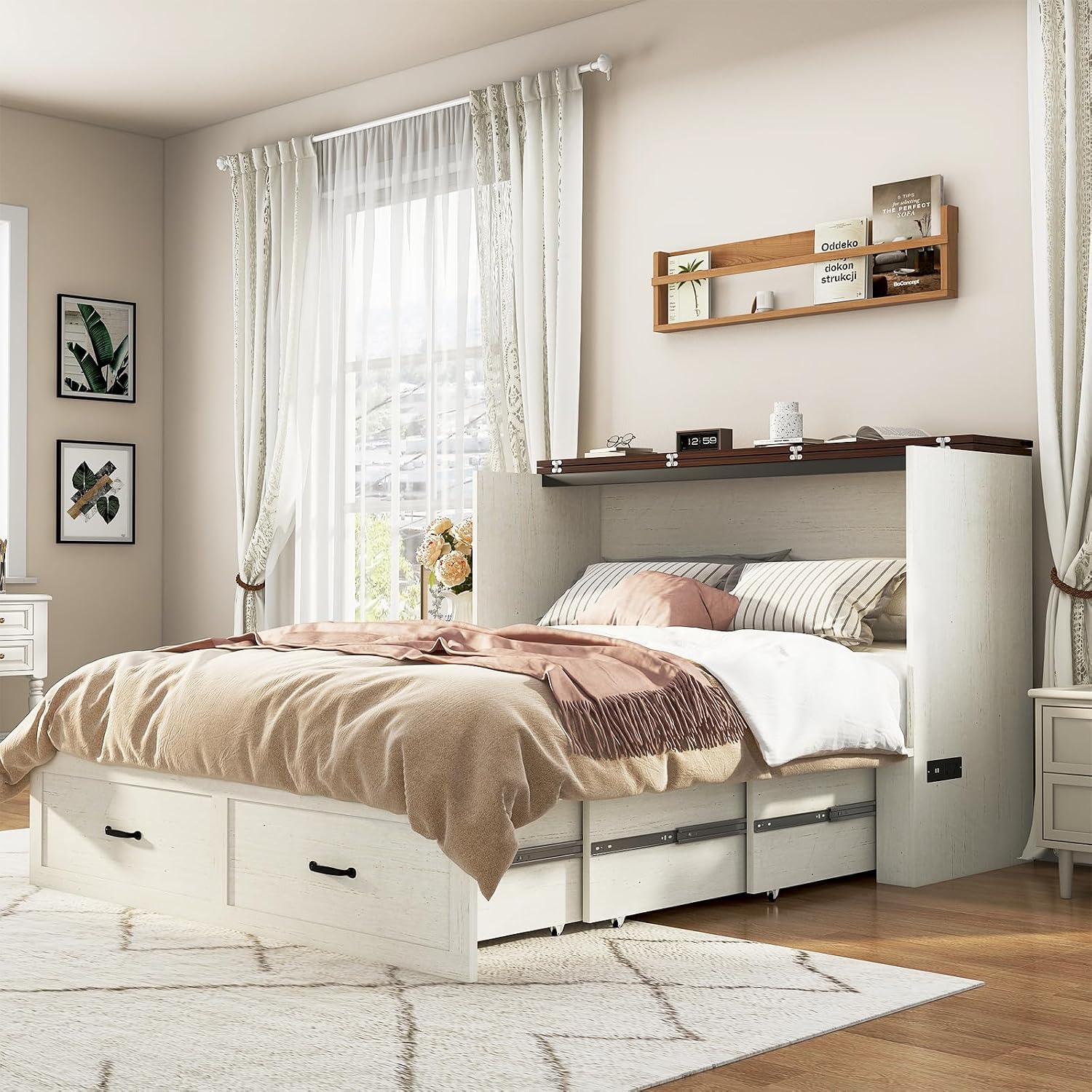 Espafurni - Full Size Murphy Chest Bed with Drawer & Charging, Farmhouse Folding Storage Bed - White price history on PriceWatchPro