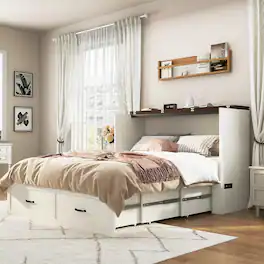 Espafurni - Full Size Murphy Chest Bed with Drawer & Charging, Farmhouse Folding Storage Bed - White