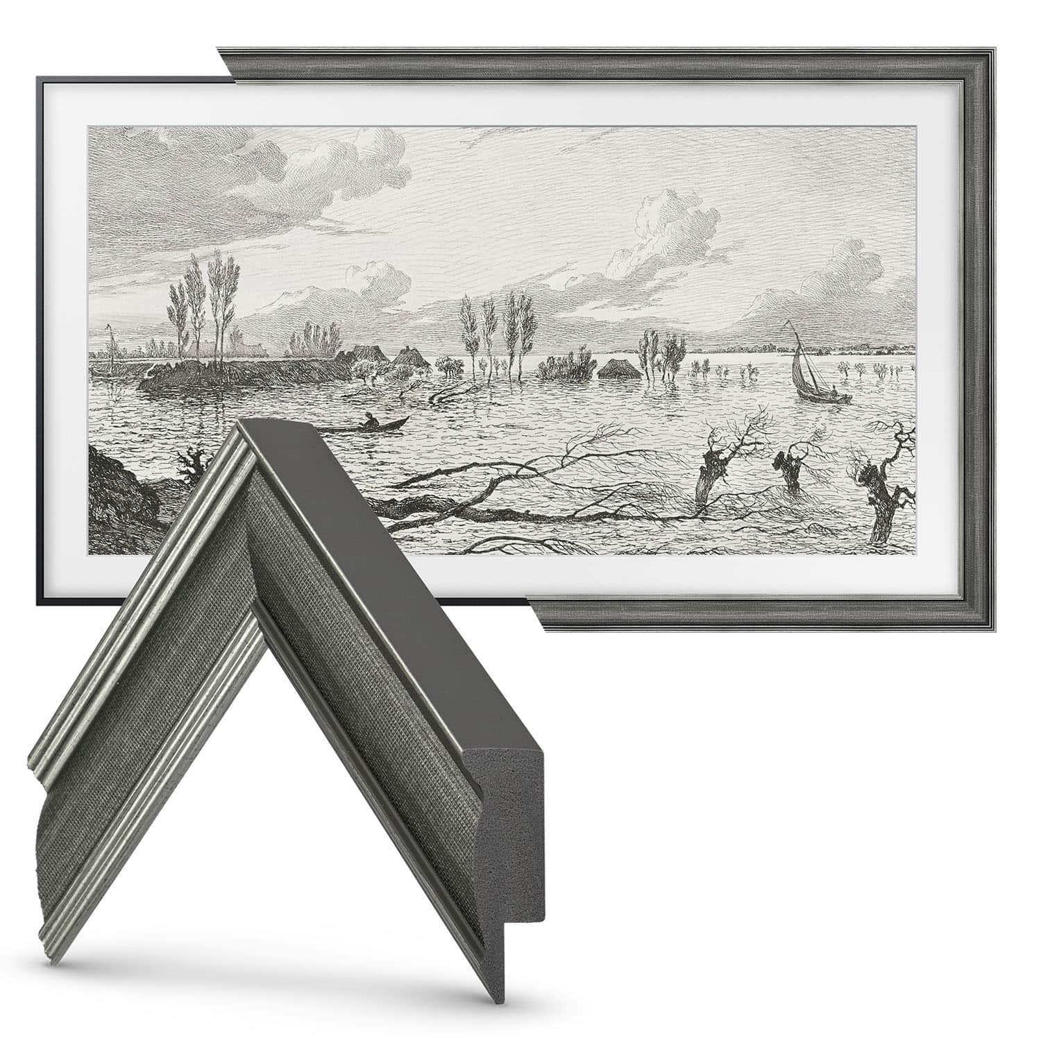 Left. Deco TV Frames - 75" Slim Bezel for Samsung The Frame and Frame Pro TV - Industrial Iron.