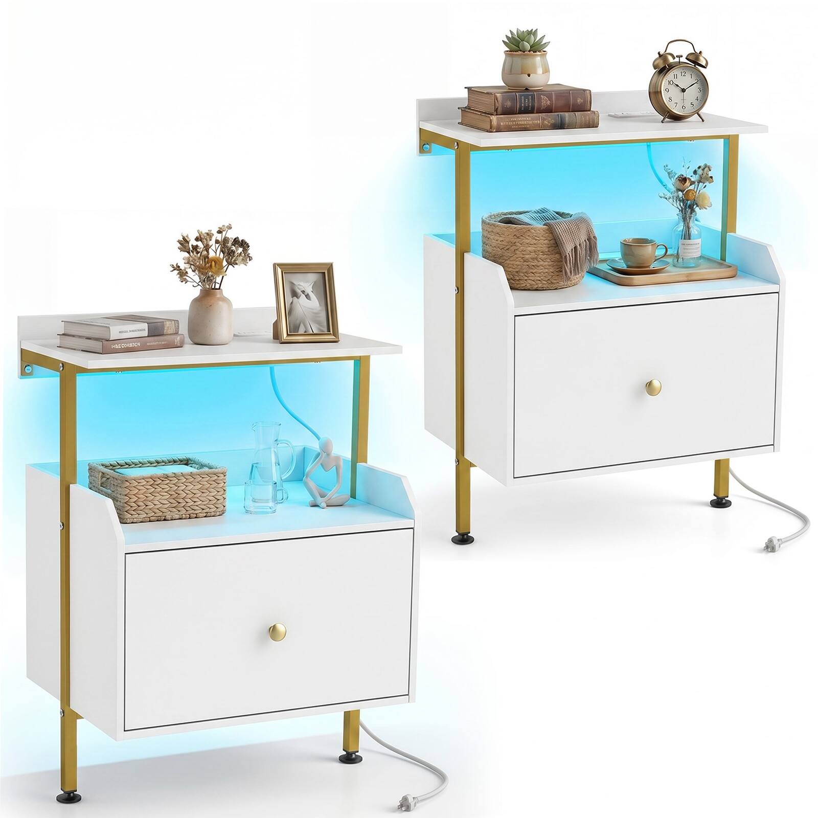 Gymax - 2PCS Nightstand Wall-mounted Bedside Table w/ LED Lights & Charging Station - White