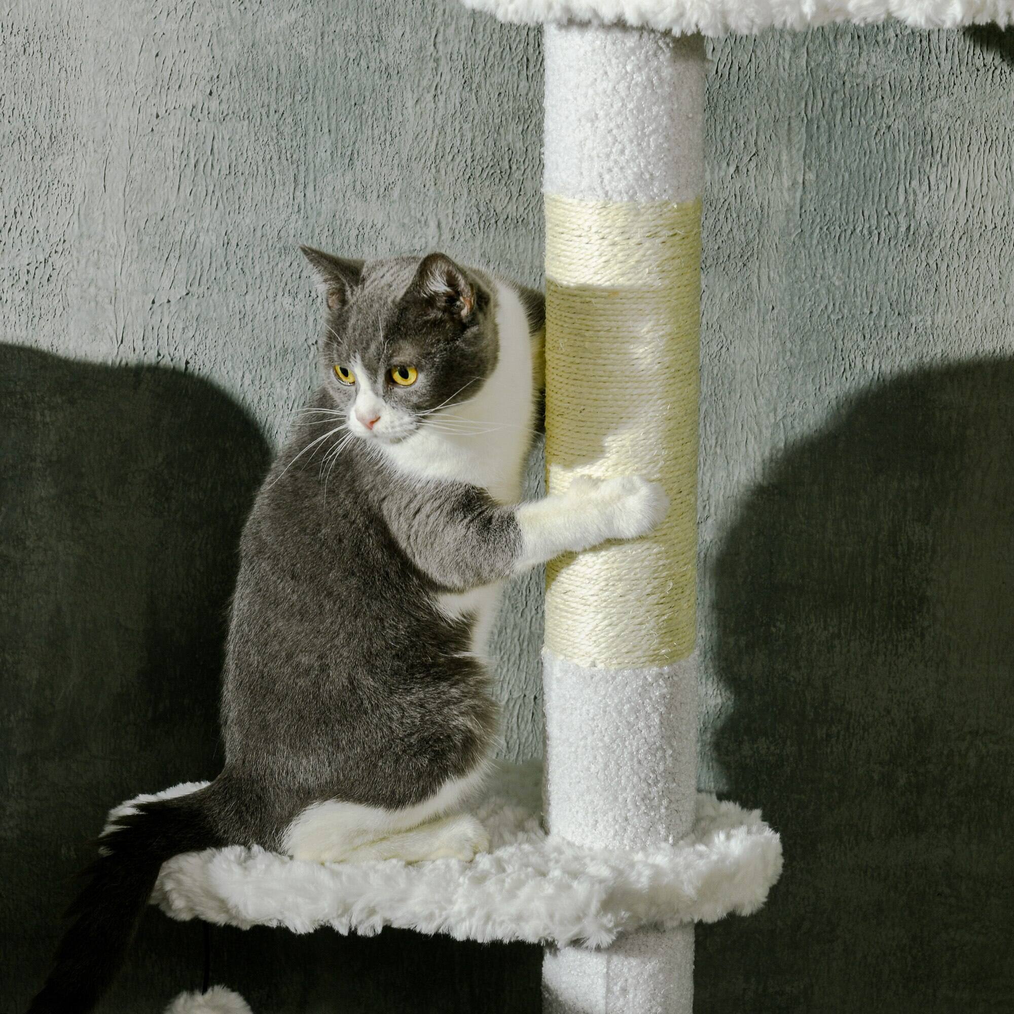 Alt View 4. Pawhut - Floor to Ceiling Cat Tree, Scratching Posts, 88.5"-100.5" Adjustable, Climbing Tower, Cloud Platforms, Toy Balls - White.