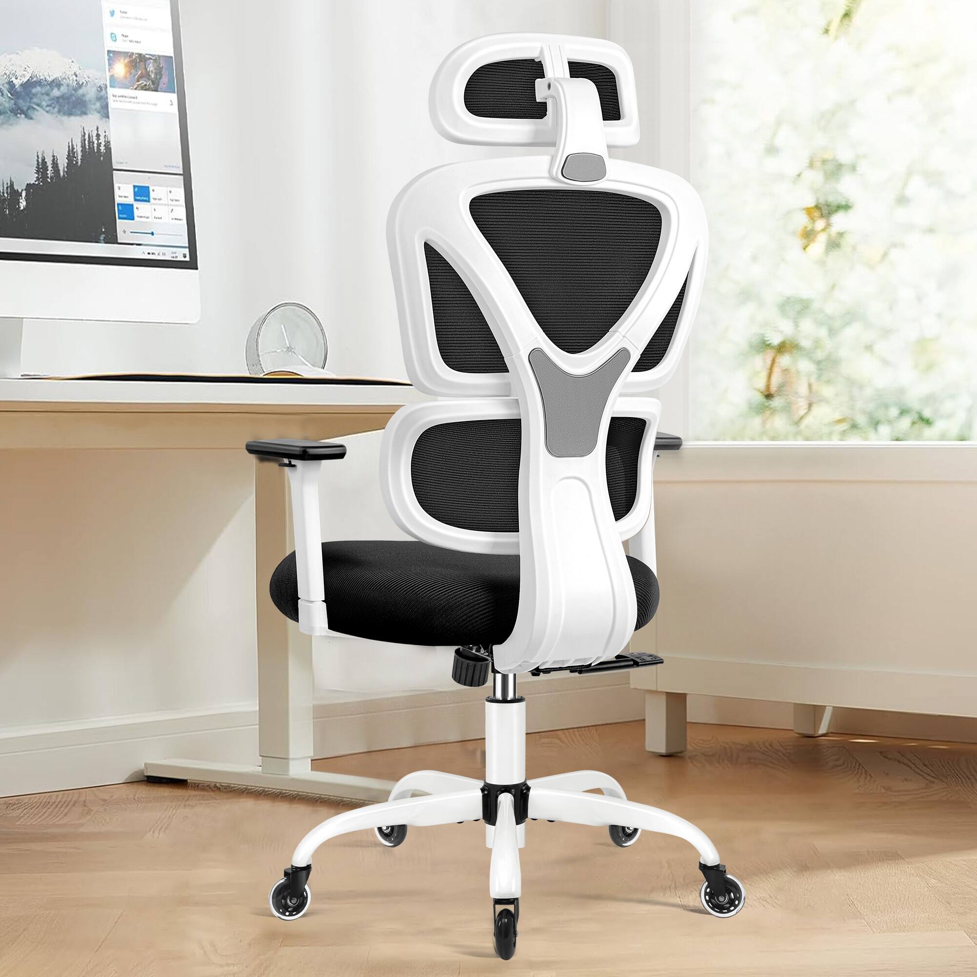 Brick Attic - Ergonomic Office Chair, High Back Mesh Gaming Chair with Adjustable Headrest 3D Armrests Silent Wheels Lumbar Support - White