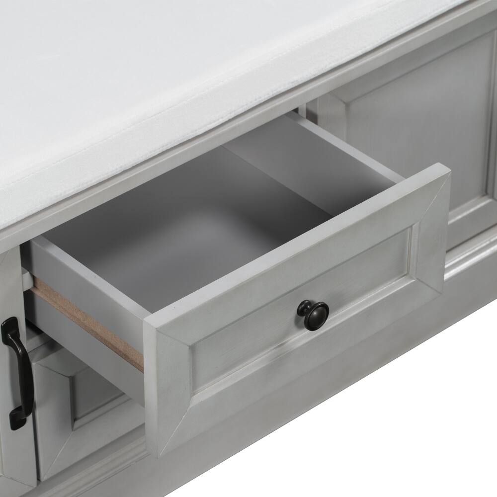 Alt View 7. Ropilly - Ropilly Gray Wash Storage Bench with Cushion, Entryway Shoe Bench with Drawers and Cabinets, Wooden Mudroom Seating - Gray Wash.