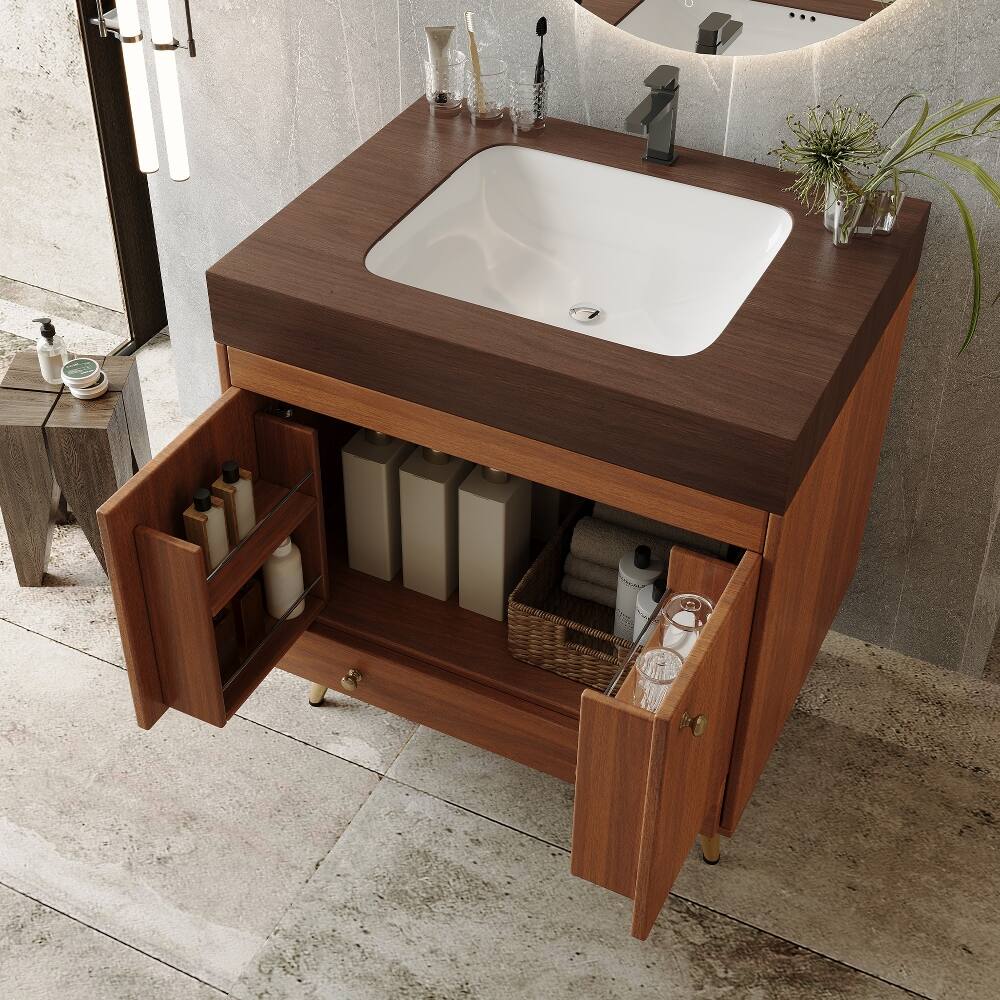 Alt View 1. Loheer - Loheer 30 inch freestanding bathroom vanity Walnut Faux Marble Top Ceramic Sink - Walnut.