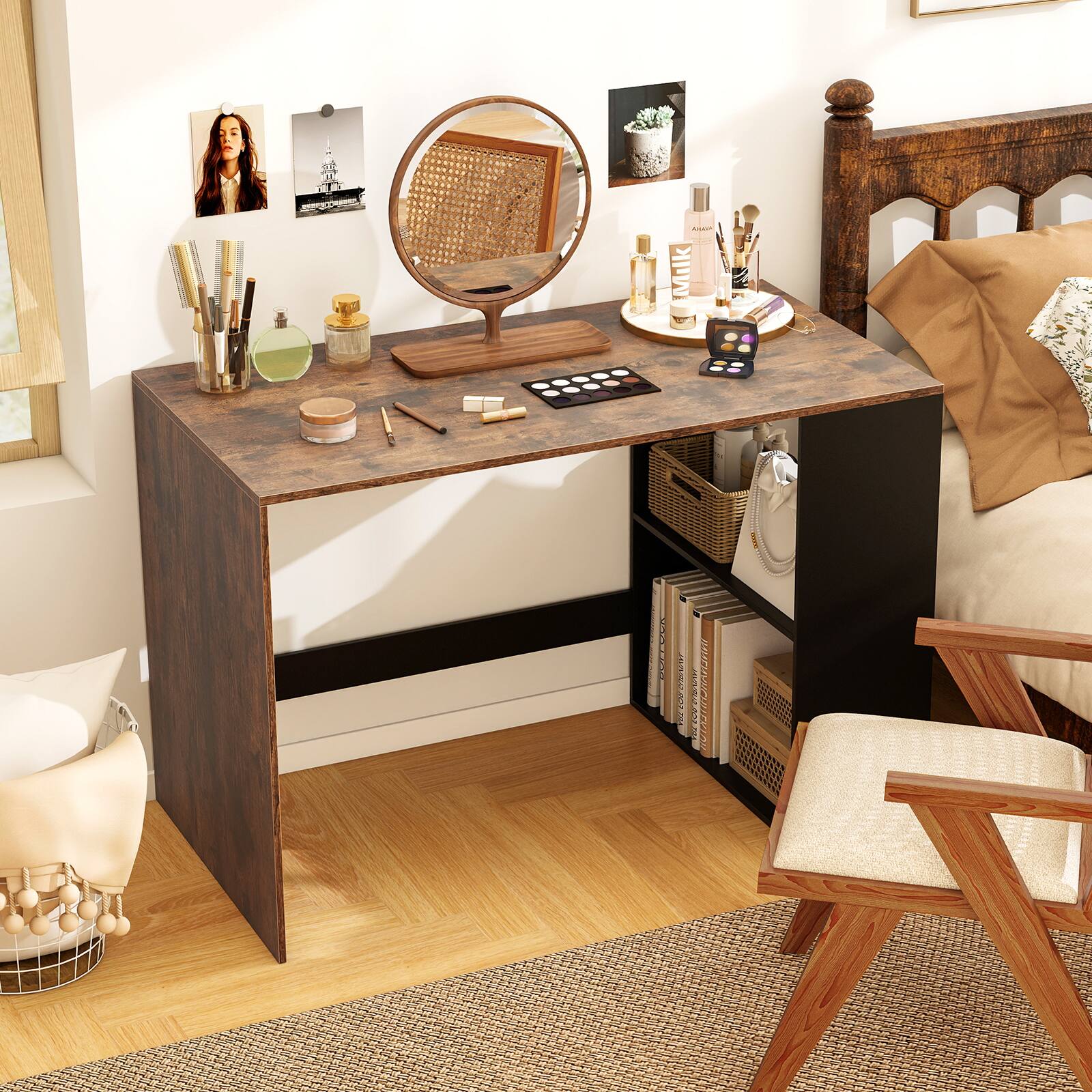 Alt View 1. Gymax - Gymax Computer Desk 44'' Home Office Desk w/ 2-Tier Bookshelf Study Writing Desk Rustic Brown & Black - Brown.