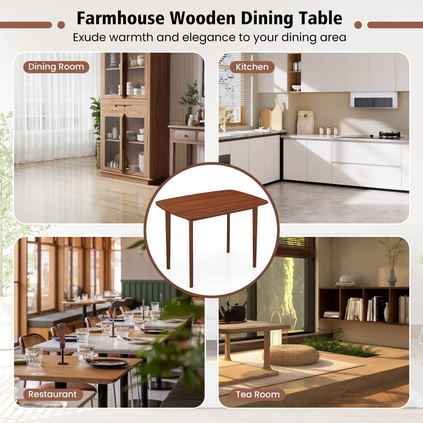 Farmhouse Wooden Dining Table  
Exude warmth and elegance to your dining area  

Dining Room  
Kitchen  
Restaurant  
Tea Room