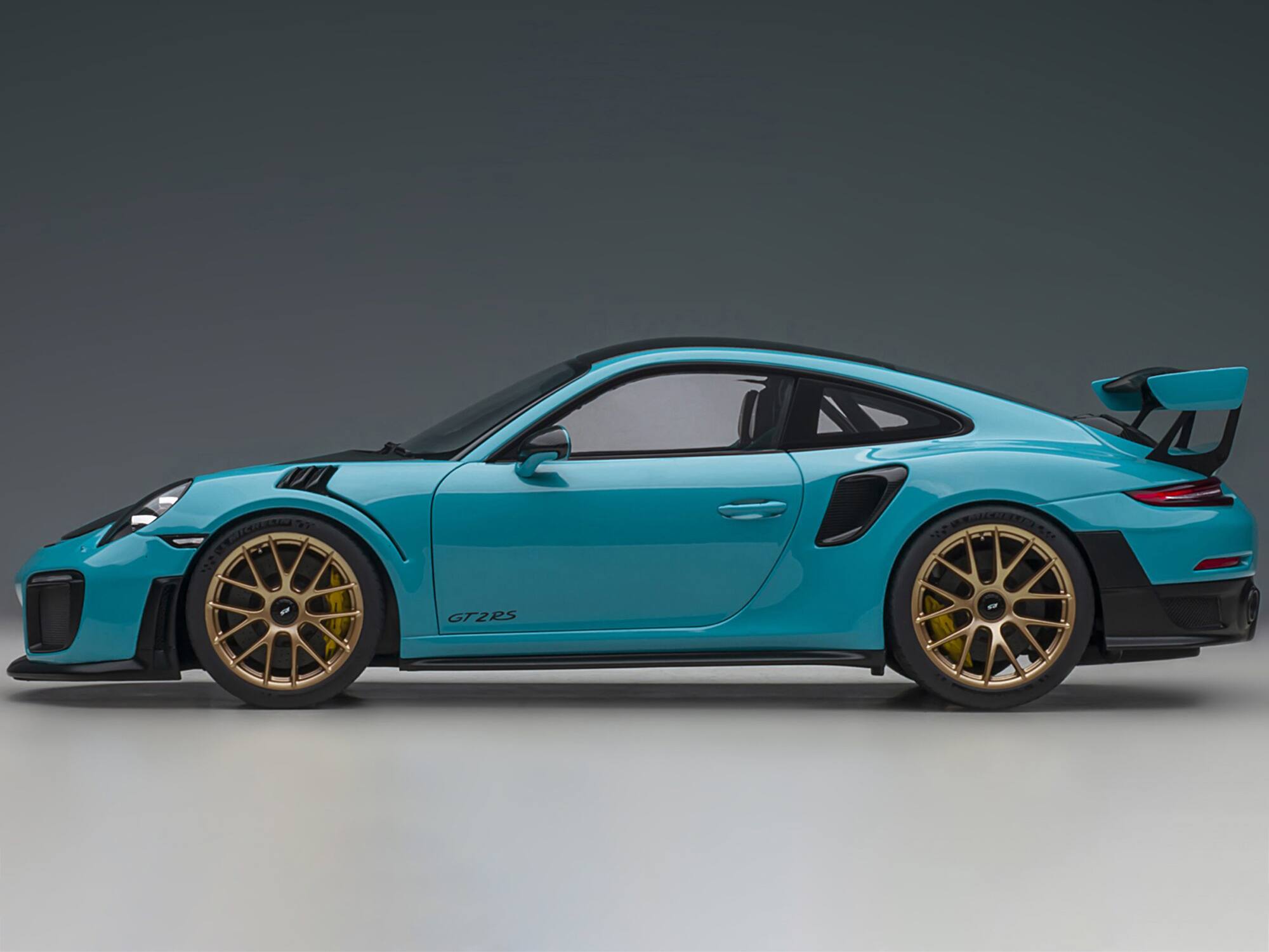 Alt View 3. Autoart - Porsche 911 (991.2) GT2 RS Weissach Package Miami Blue with Carbon Stripes 1/18 Model Car by Autoart.