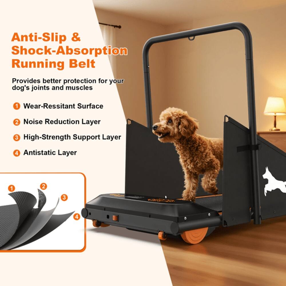 Anti-Slip & Shock-Absorption Running Belt  
Provides better protection for your dog's joints and muscles  

1. Wear-Resistant Surface  
2. Noise Reduction Layer  
3. High-Strength Support Layer  
4. Antistatic Layer  

1 2 3 4