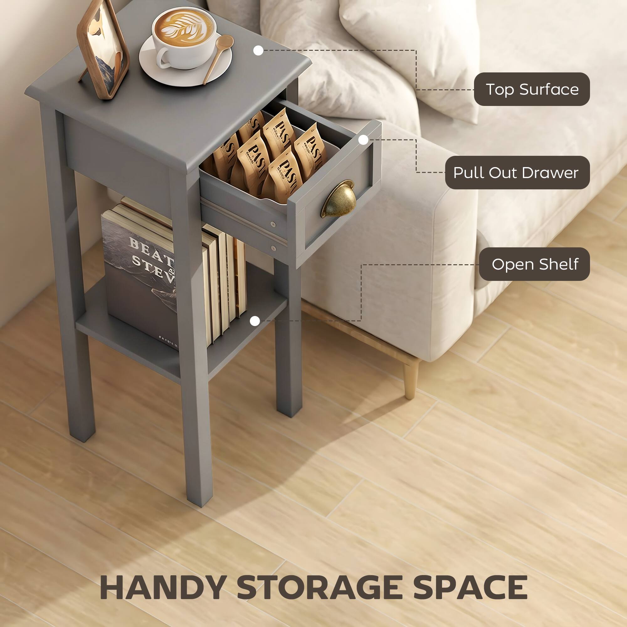Top Surface  
Pull Out Drawer  
Open Shelf  

HANDY STORAGE SPACE