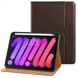 DTTO - Case for iPad Mini 7 (A17 Pro) 2024 / Mini 6 2021 8.3" - Leather Folio Stand with Pencil Holder & Multi-Angle Viewing - Dark Brown