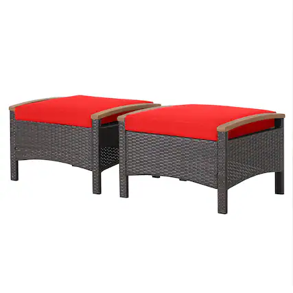 Front. Costway - Costway Set of 2 Patio Rattan Ottoman Footrest Cushions Wooden Handle - Mix Brown,Red.
