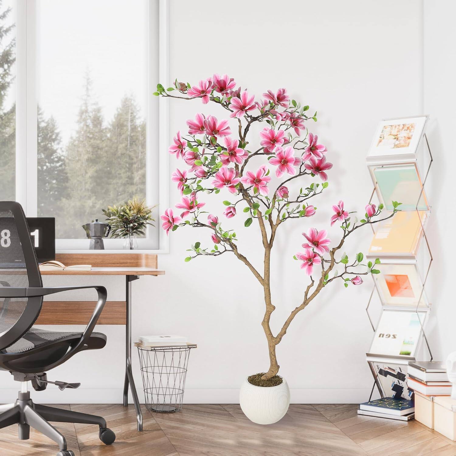 Alt View 4. Homhougo - Artificial Magnolia Tree 5FT with Pink Flowers, Faux Indoor Outdoor Potted Tree for Home Hotel Office - Green.