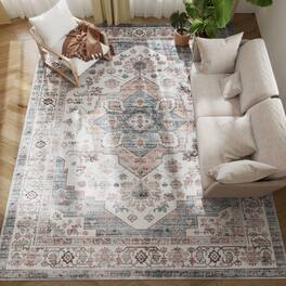 Homcom - 8x10 Vintage Rug: Mach-Wash Non-Slip Light Blue Distressed, Indoor Boho Carpet - Brown and Light Blue