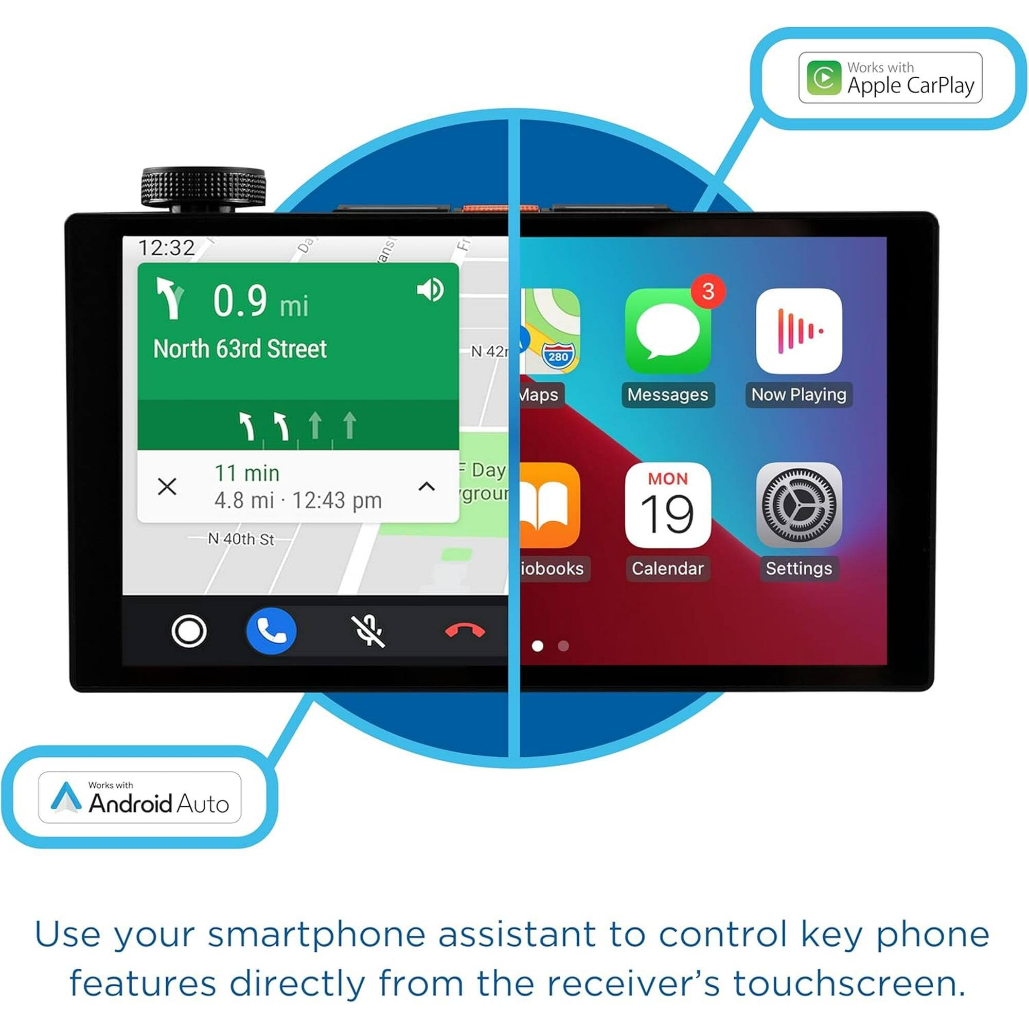 Works with C Apple CarPlay 12:32 Da 0.9 mi North 63rd Street ans N 42 280 3 X I 11 min 4.8 mi 12:43 pm N 40th St Maps Messages Day MON grour 19 iobooks Calendar Now Playing PANNTAN HE Settings Works with Android Auto Use your smartphone assistant to control key phone features directly from the receiver's touchscreen.