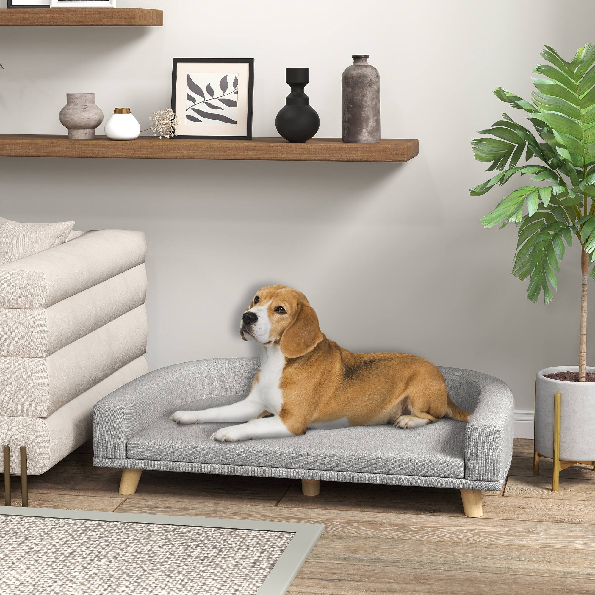 Angle. Pawhut - Dog Sofa Couch, Pet Bed with Comfortable Cushion, Wooden Legs, Large Dogs, Cats, Kittens - Gray.