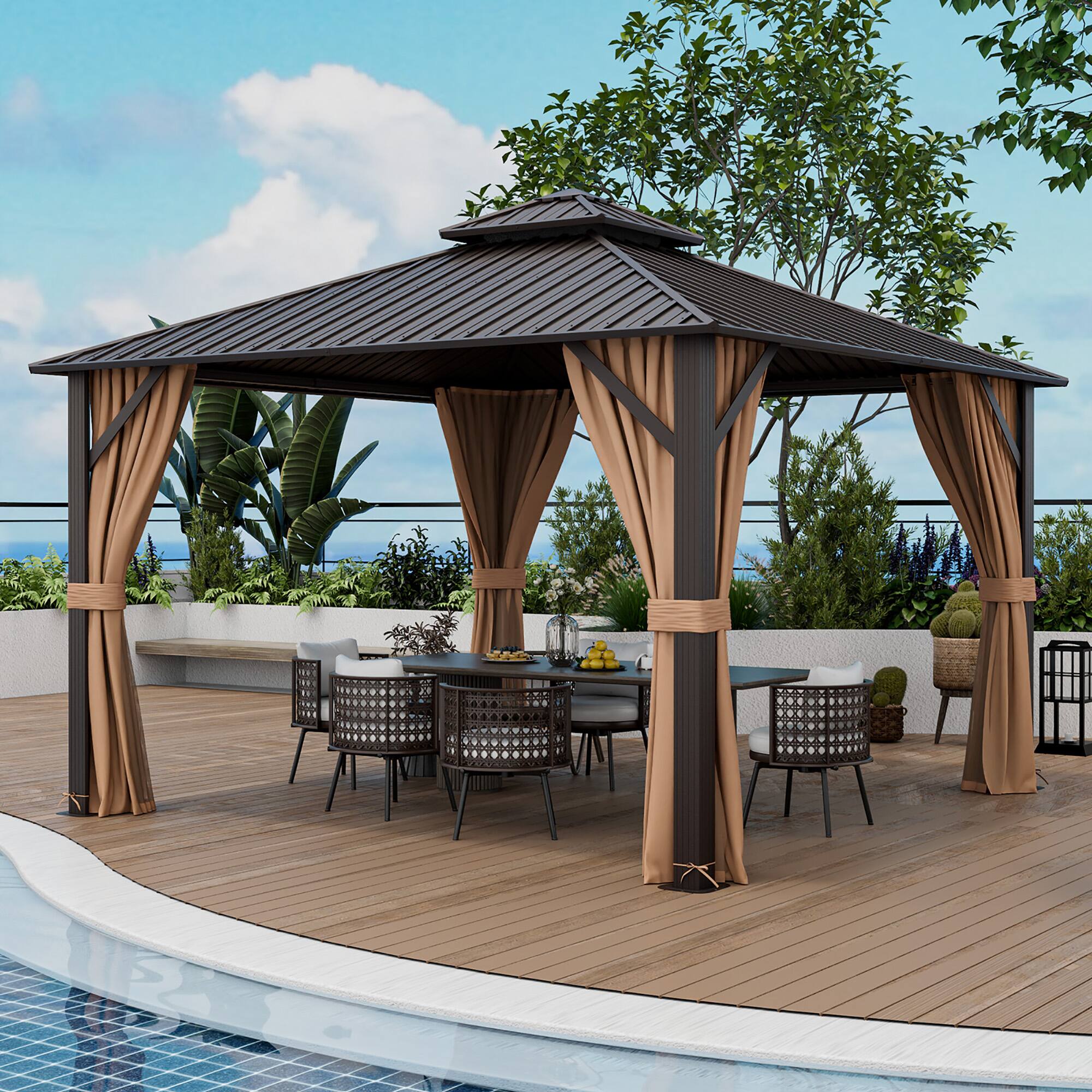 Alt View 3. Gymax - Gymax 12' x 12' Double-Roof Hardtop Gazebo with Galvanized Steel Roof Netting Curtains - Tan.