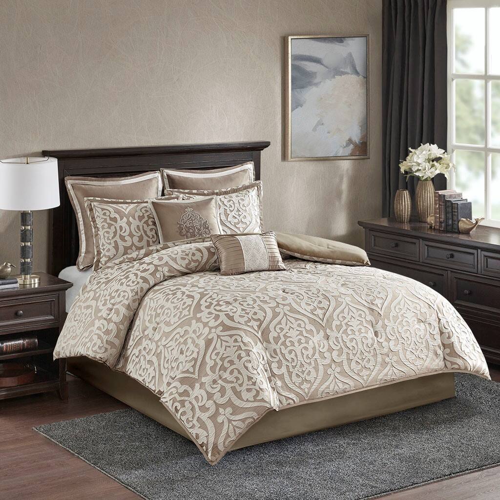 TinyHomie - 8 Piece Jacquard Comforter Set Tan/Ivory Cal King - Tan and Ivory