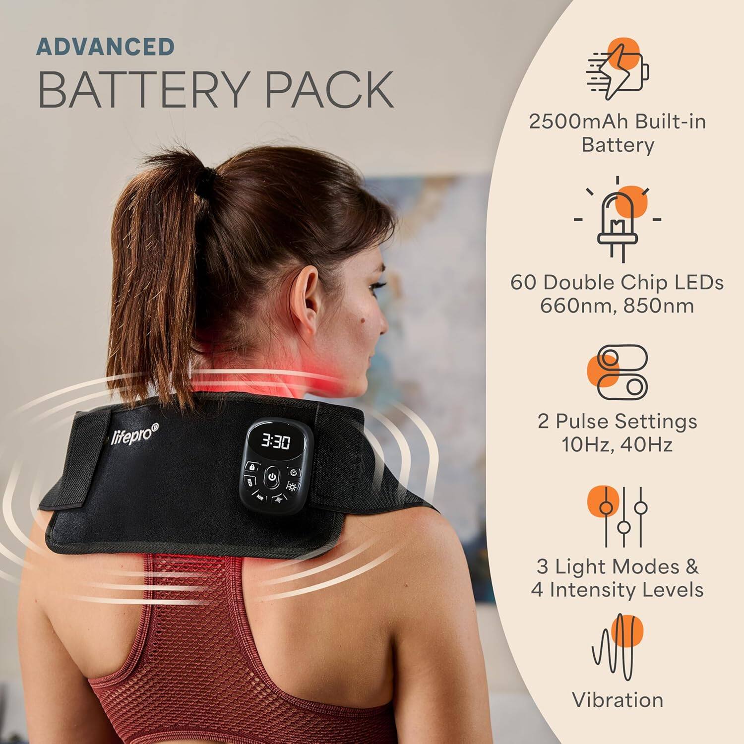 ADVANCED BATTERY PACK  
2500mAh Built-in Battery  
60 Double Chip LEDs 660nm, 850nm  
2 Pulse Settings 10Hz, 40Hz  
3 Light Modes & 4 Intensity Levels  
Vibration