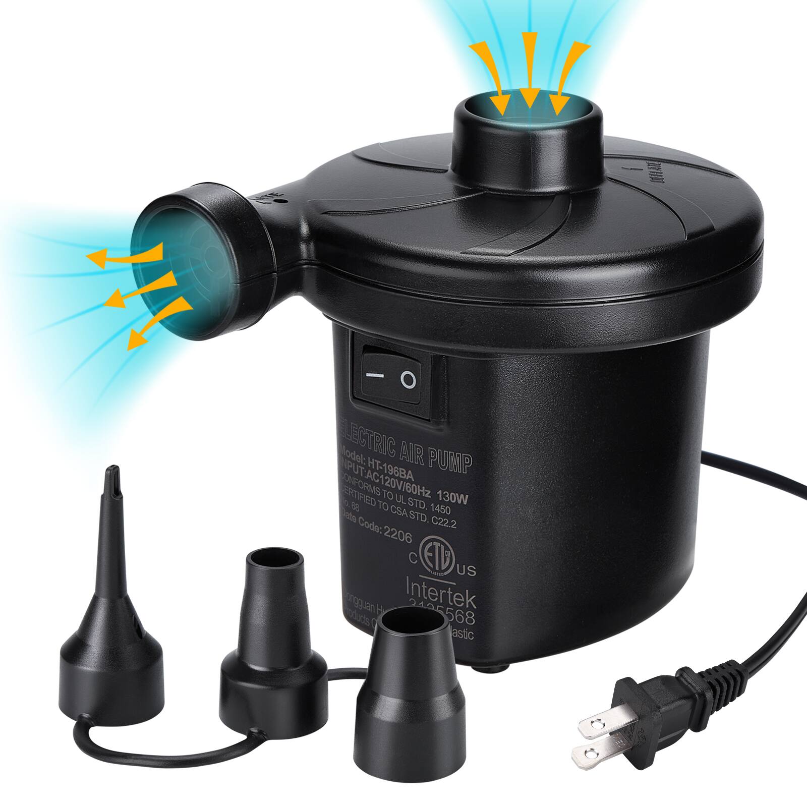 - ELECTRIC AIR PUMP
- Model: HT-196BA
- OUTPUT: AC120V/60Hz 130W
- CONFORMS TO UL STD. 1450
- CONFORMS TO CSA STD. C22.2
- Intertek
- Model Code: 2206
- Intertek
- 2425568
- astic