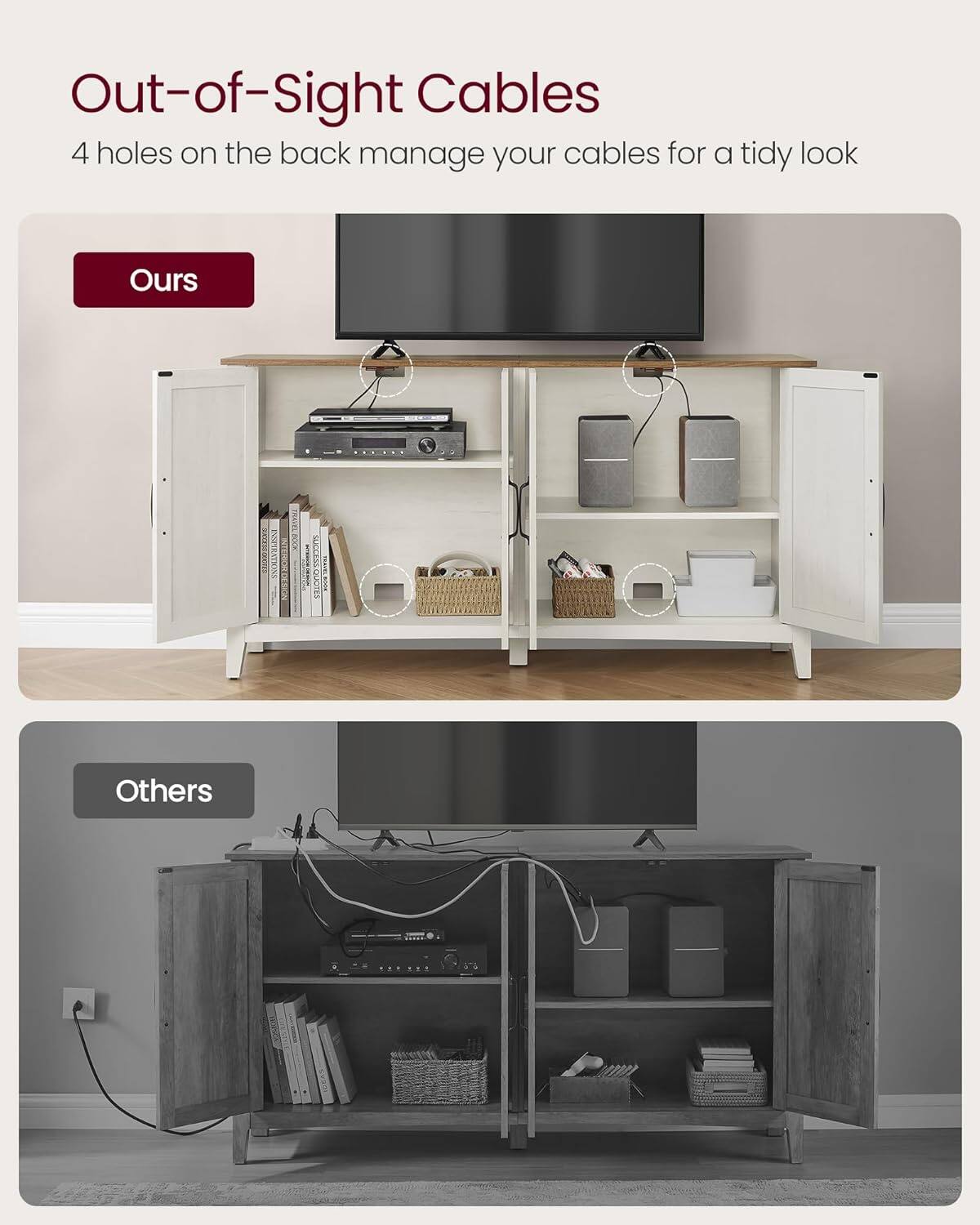 Out-of-Sight Cables  
4 holes on the back manage your cables for a tidy look  

Ours  

Others
