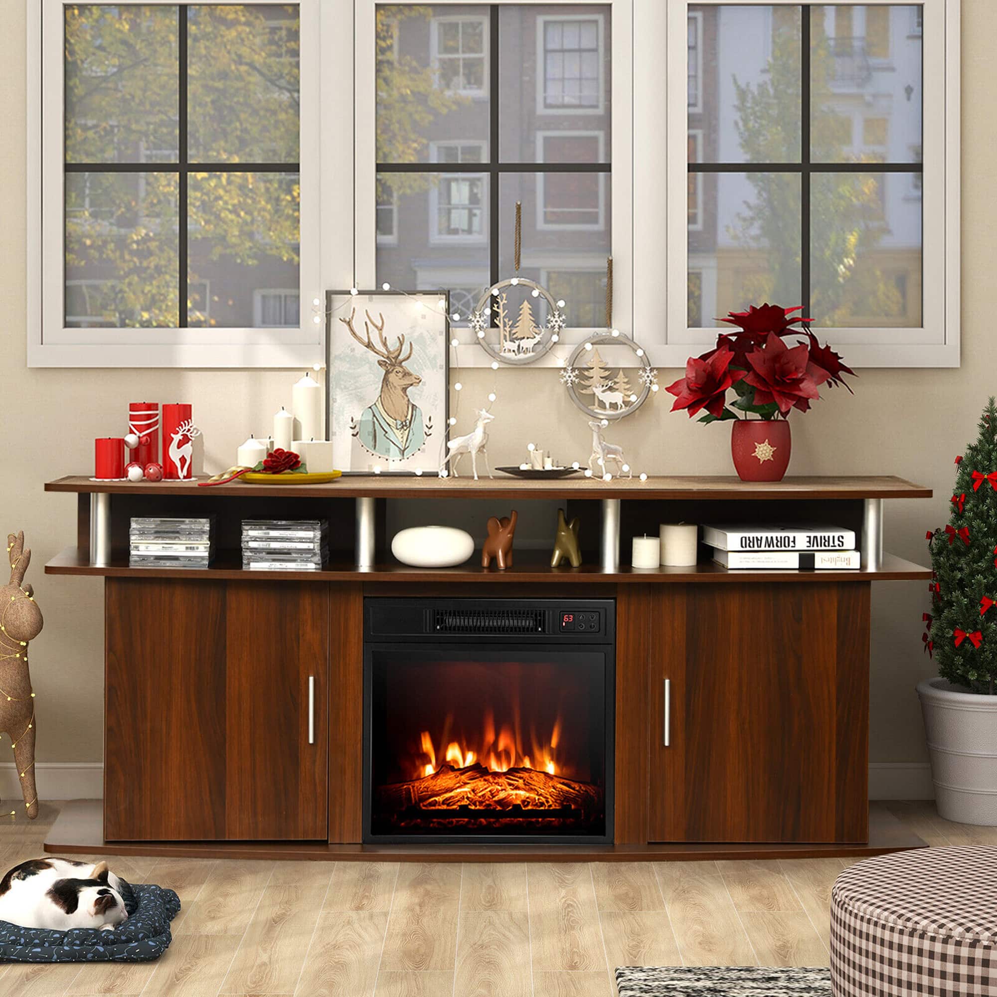 Gymax 63'' Fireplace TV Stand W/18'' 1400W Electric Fireplace up