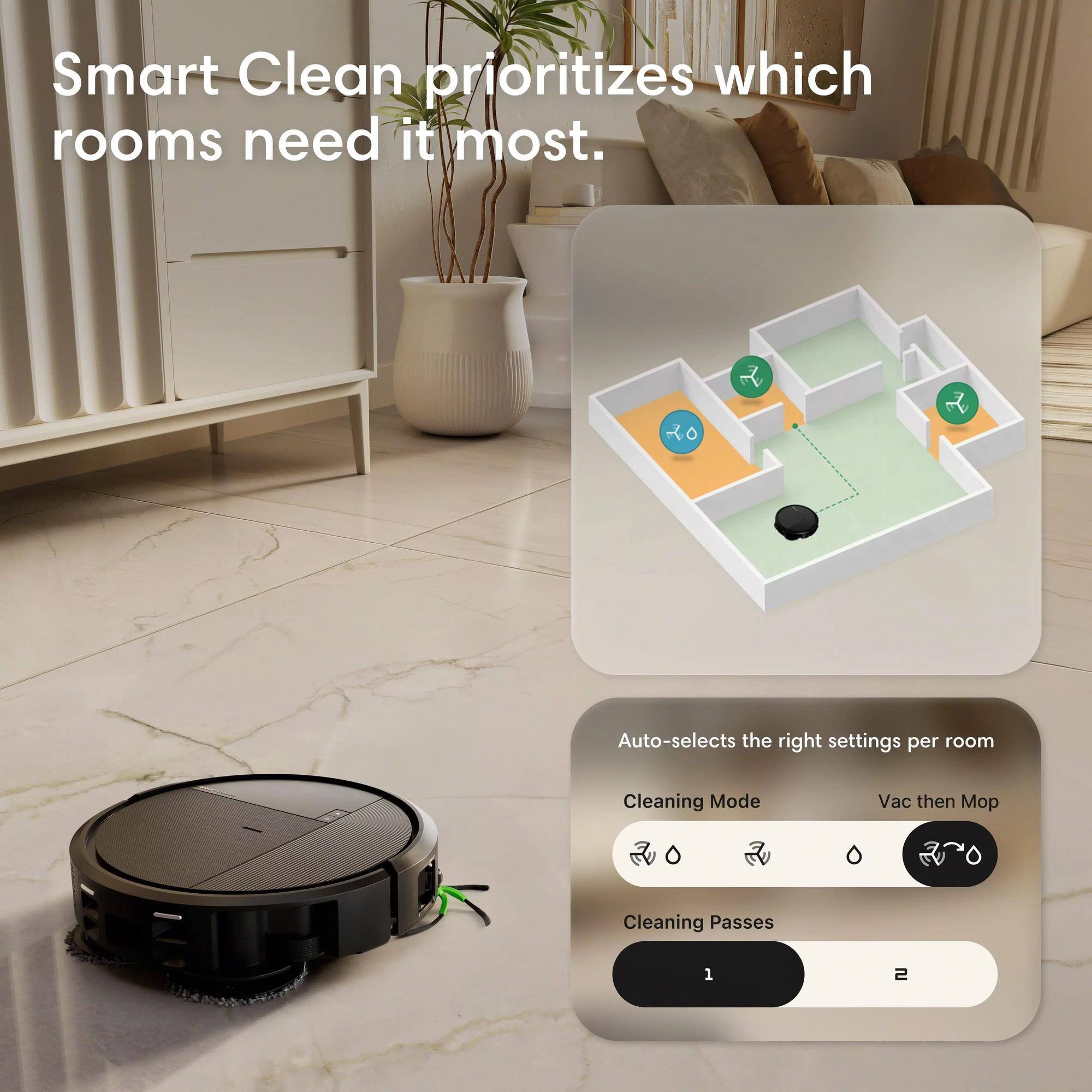 Smart Clean prioritizes which rooms need it most. Auto-selects the right settings per room

Cleaning Mode: Vac then Mop

Cleaning Passes: 1