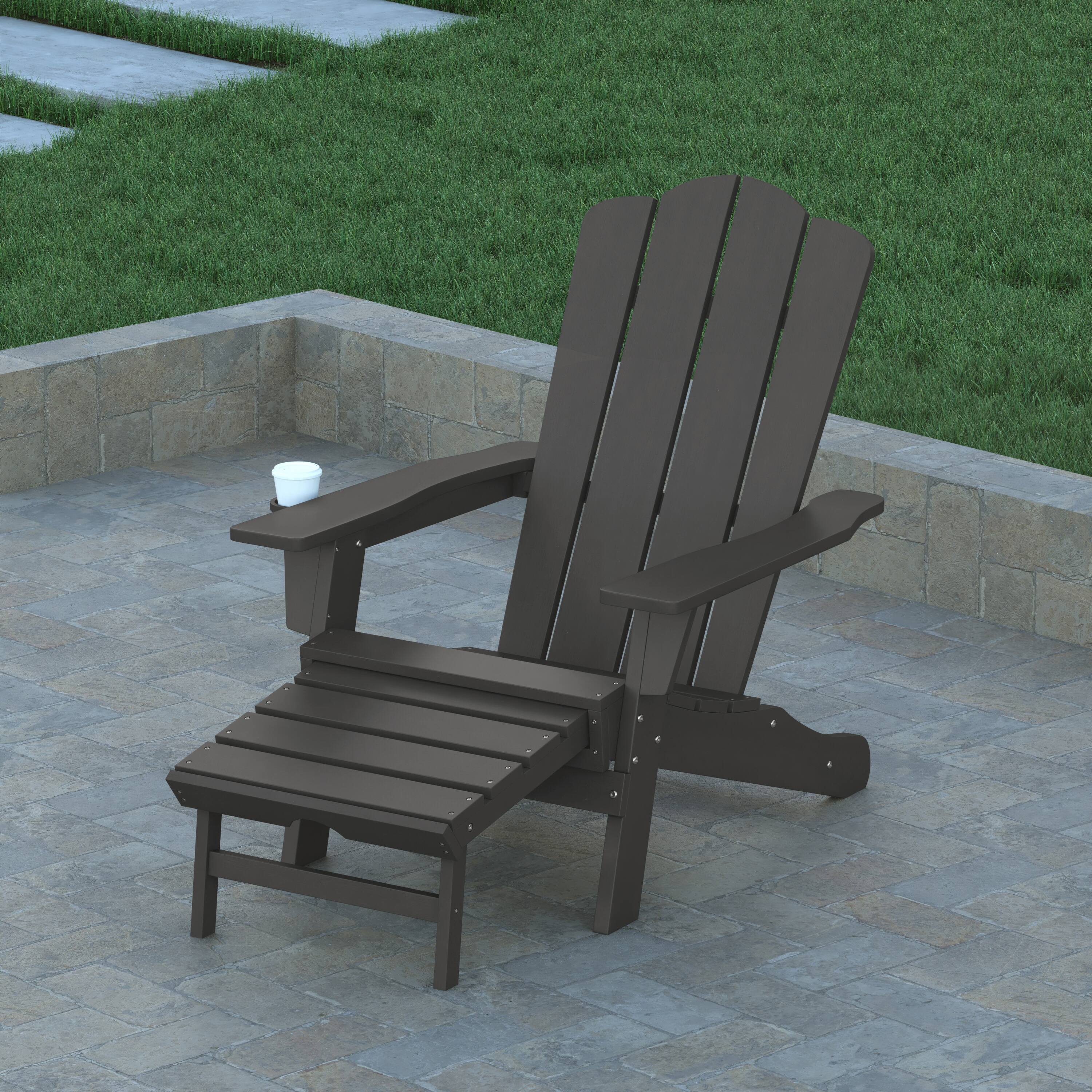 Alt View 4. Emma + Oliver - Tiverton Set of 2 Adirondack Chairs with Cup Holders and Pull Out Ottoman, All-Weather HDPE Indoor/Outdoor Lounge Chairs - Gray.