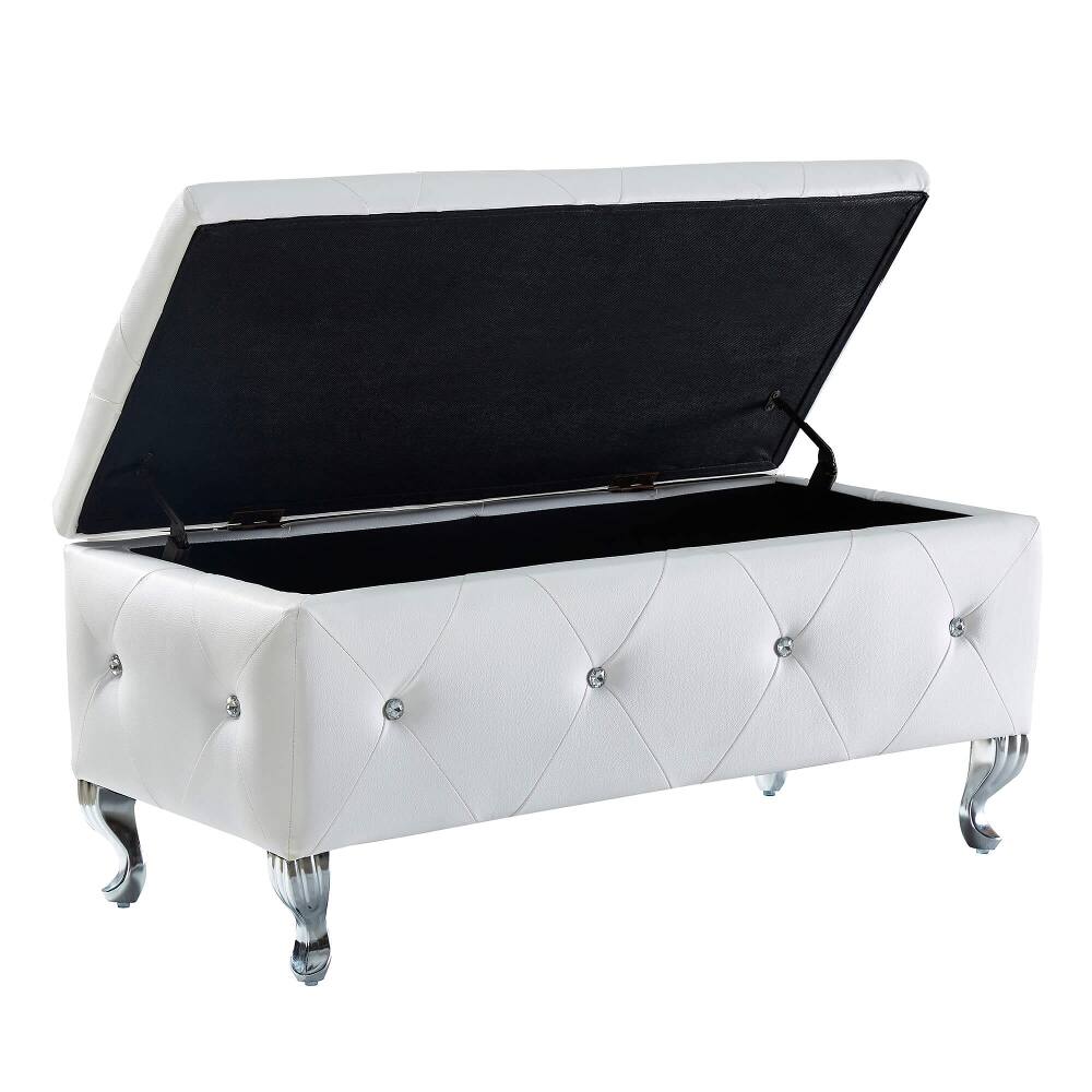 Angle. Ropilly - Ropilly White Faux Leather Storage Bench End of Bed Ottoman Tufted Entryway Shoe Changing Bench with Metal Legs - White.