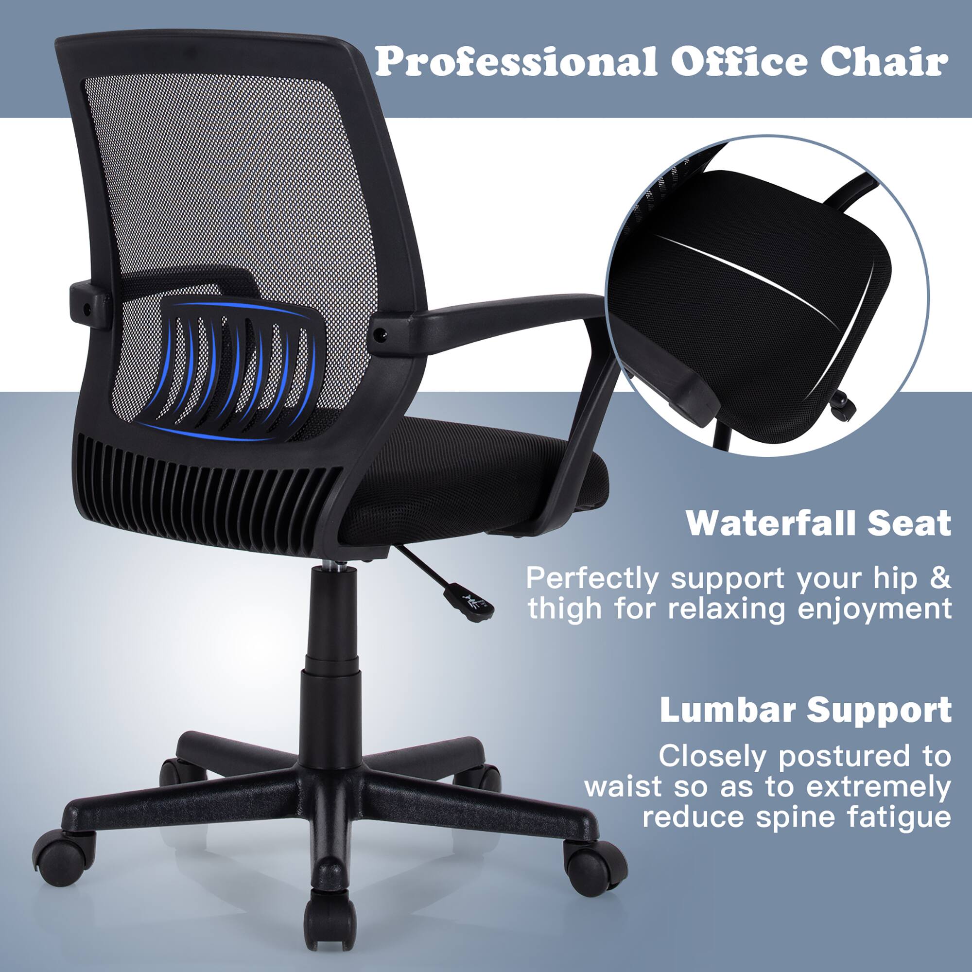 Professional Office Chair Waterfall Seat: Perfectly support your hip & thigh for relaxing enjoyment. Lumbar Support: Closely postured to waist so as to extremely reduce spine fatigue.