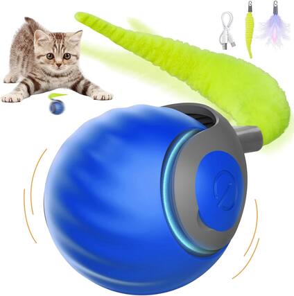 Front. Auledio - Interactive Cat Toy, Automatic Cat Tail Toy, Electric Rolling Ball for Carpet, Perfect for Bored Indoor Cats, Blue - Blue.