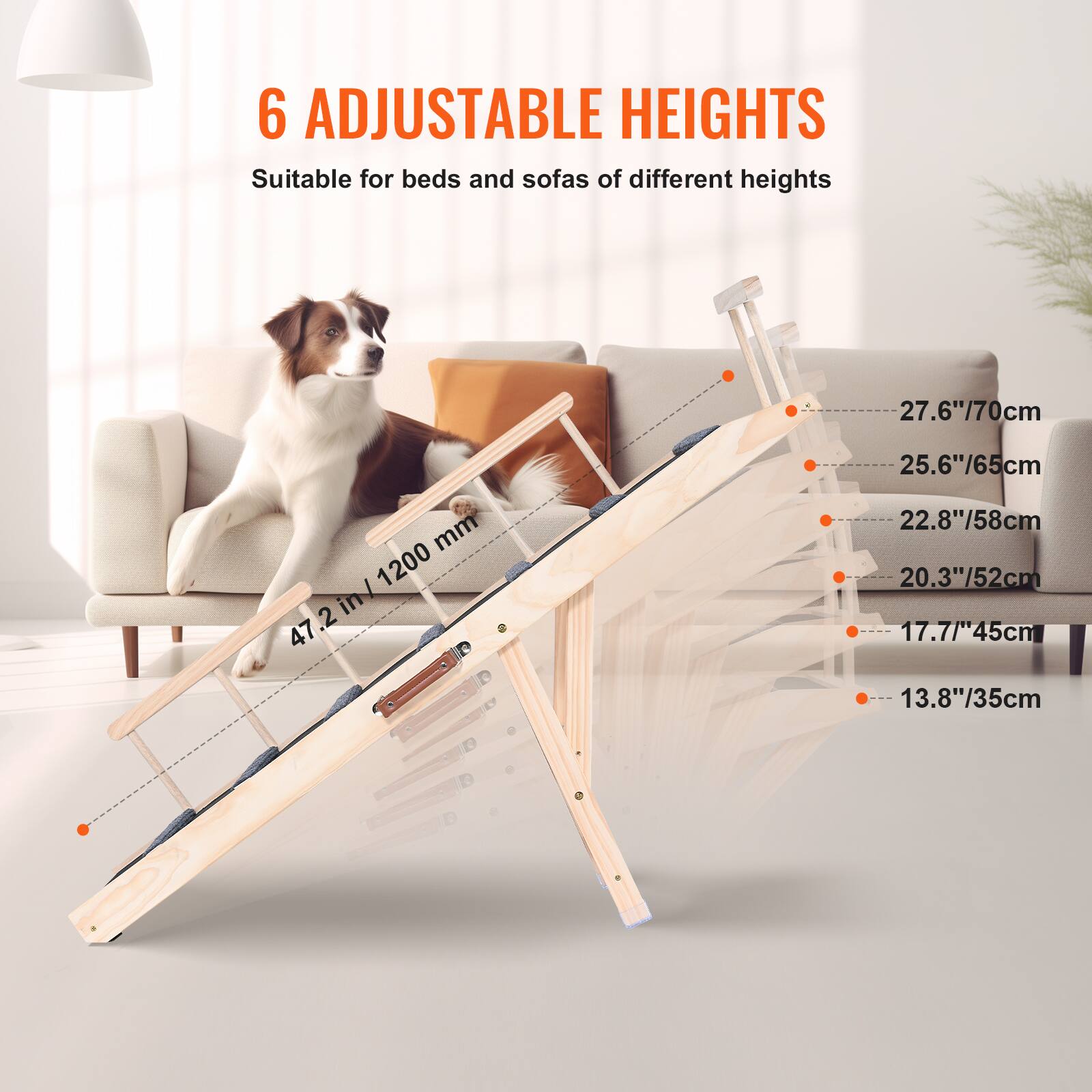 6 Adjustable Heights  
Suitable for beds and sofas of different heights  

27.6"/70cm  
25.6"/65cm  
22.8"/58cm  
20.3"/52cm  
17.7"/45cm  
13.8"/35cm  

47.2 in / 1200 mm