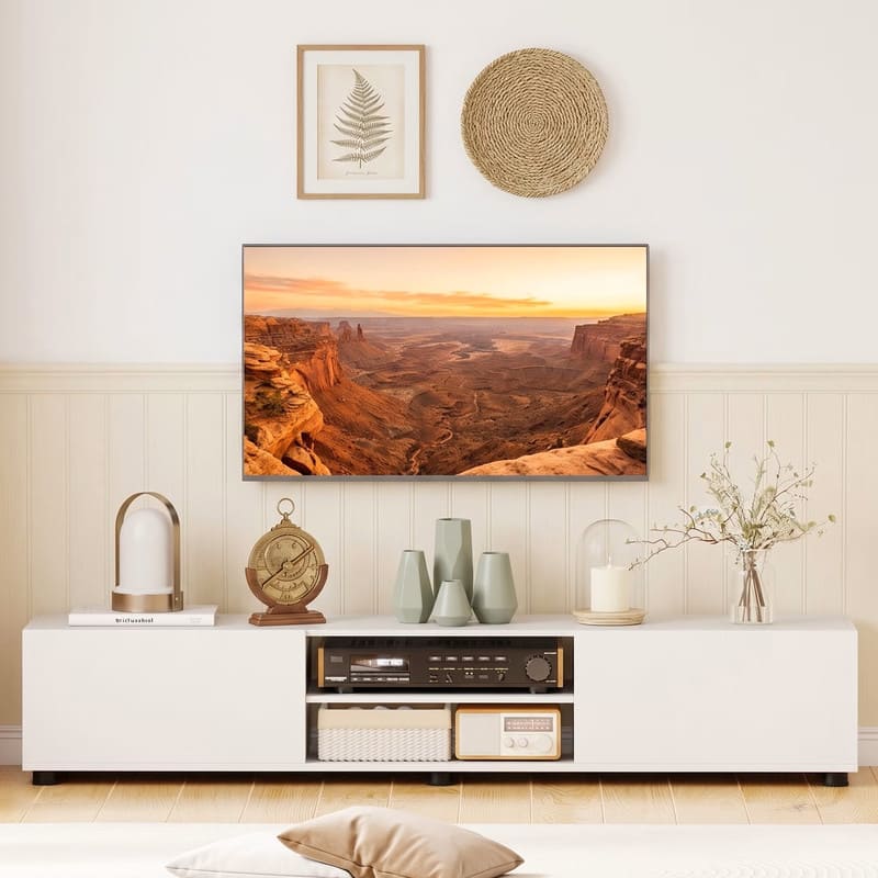 Front. WELLFOR - Modern TV Stand for up to 70" TVs with 2 Doors and Open Shelves,  Minimalist Entertainment Center for Living Room - White.