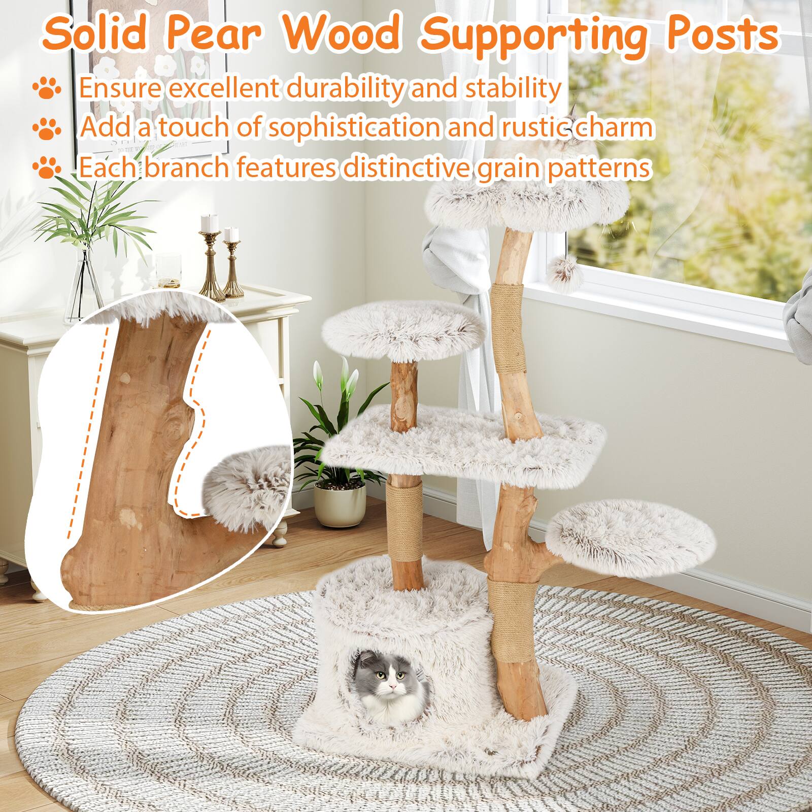 Solid Pear Wood Supporting Posts  
- Ensure excellent durability and stability  
- Add a touch of sophistication and rustic charm  
- Each branch features distinctive grain patterns