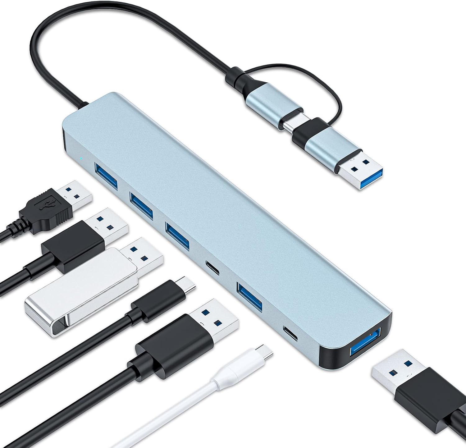 Front. Core Tech - 7-Port USB-C Aluminum Hub with USB 3.0 and USB 2.0 Ports - Silver.