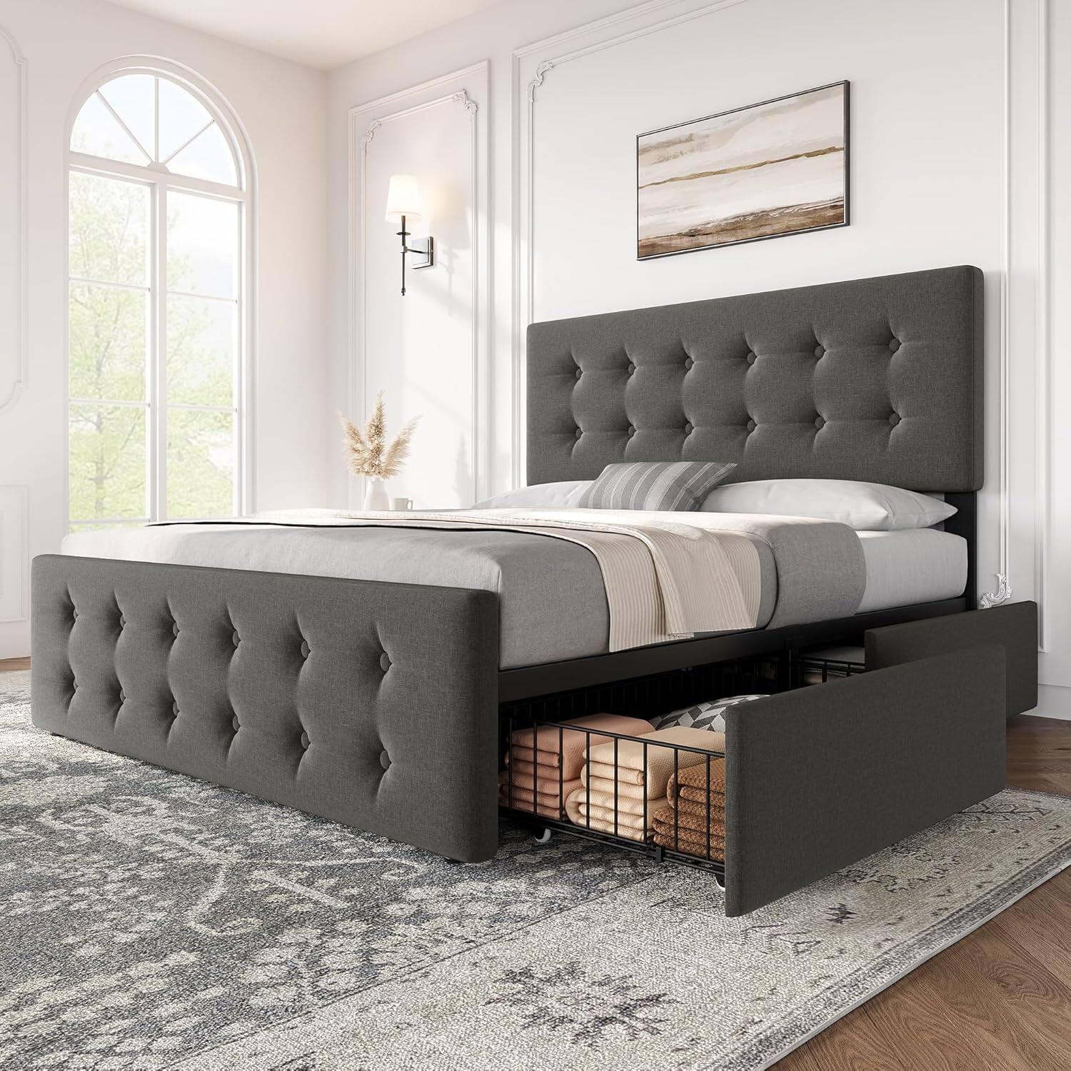 Left. Babevy - Full/Queen/King Bed Frame with 4 Drawers & Adjustable Headboard, Faux Leather Upholstered Mattress Foundation - Light Gray.