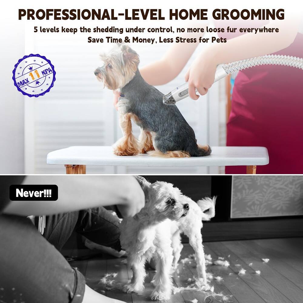 **PROFESSIONAL-LEVEL HOME GROOMING**

5 levels keep the shedding under control, no more loose fur everywhere  
Save Time & Money, Less Stress for Pets

**Never!!!**
