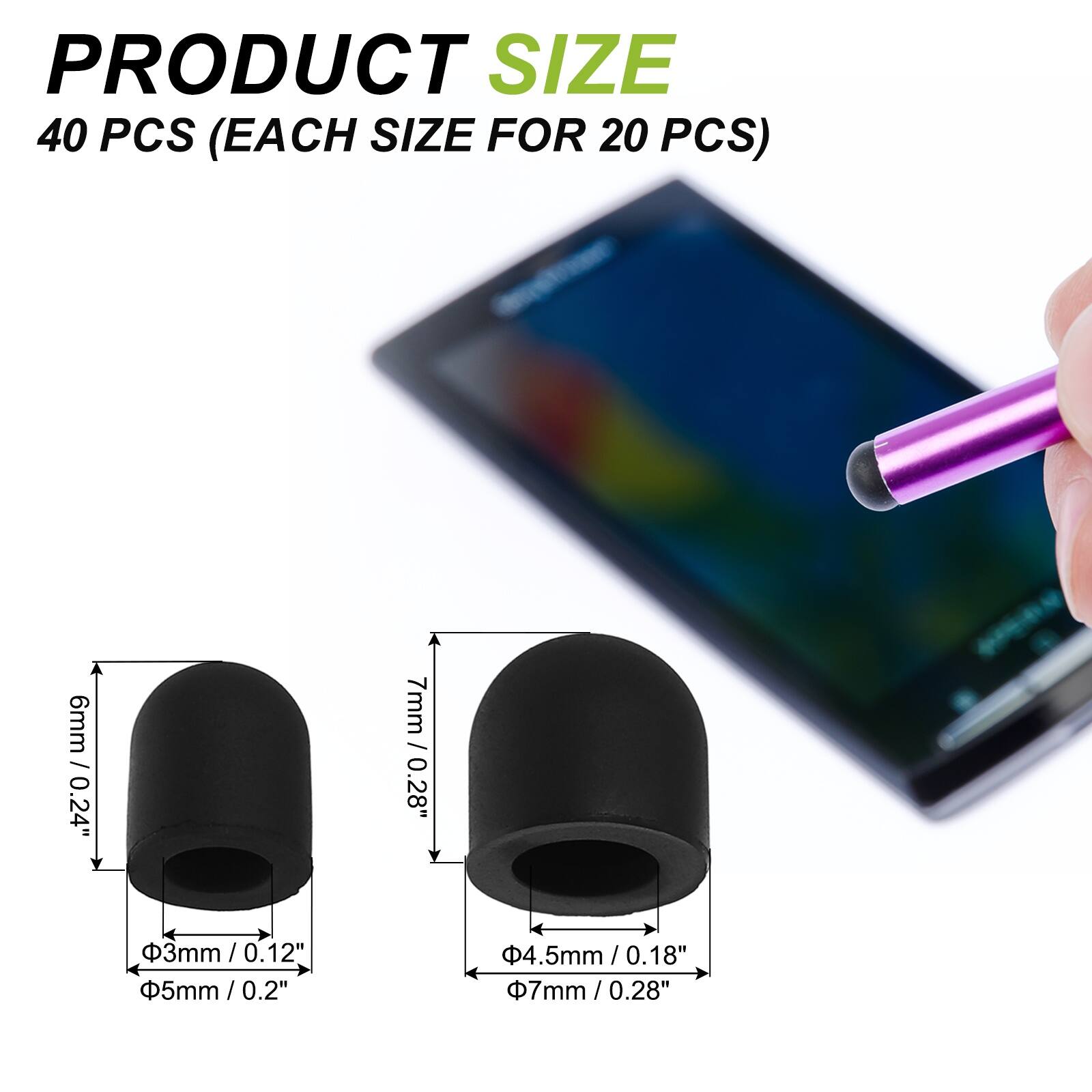 PRODUCT SIZE  
40 PCS (EACH SIZE FOR 20 PCS)  

- 6mm / 0.24"  
- 7mm / 0.28"  
- 3mm / 0.12"  
- 5mm / 0.2"  
- 4.5mm / 0.18"  
- 7mm / 0.28"