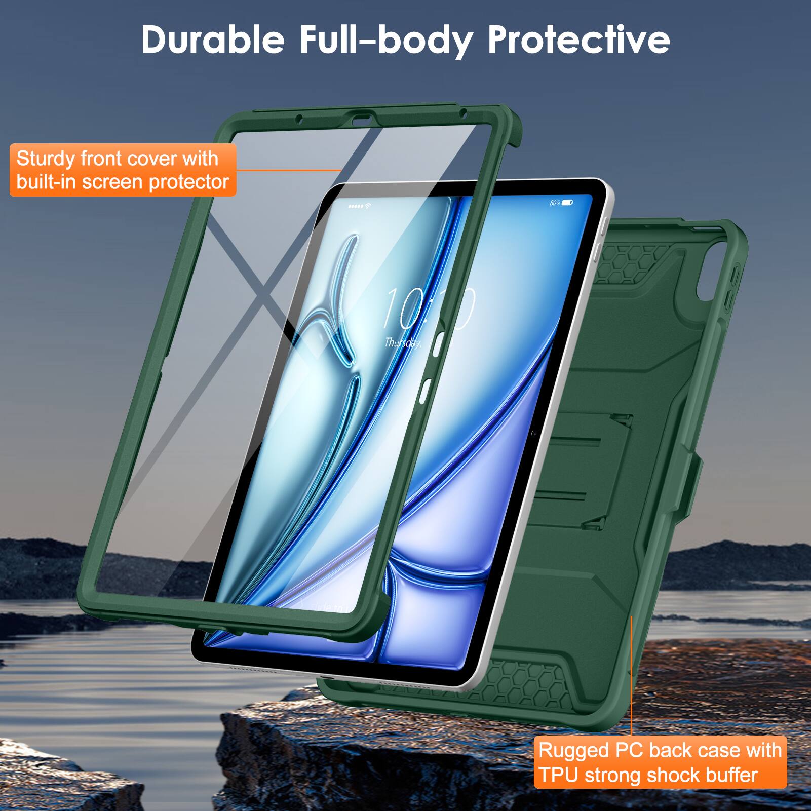 Durable Full-body Protective

Sturdy front cover with built-in screen protector

Rugged PC back case with TPU strong shock buffer