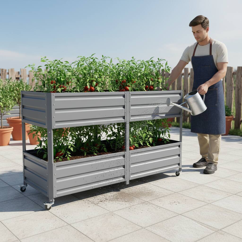 Alt View 1. Loheer - Loheer Dual Tier Elevated Metal Raised Garden Bed with Wheels Staggered Planter Box for Outdoor Patio Grey.