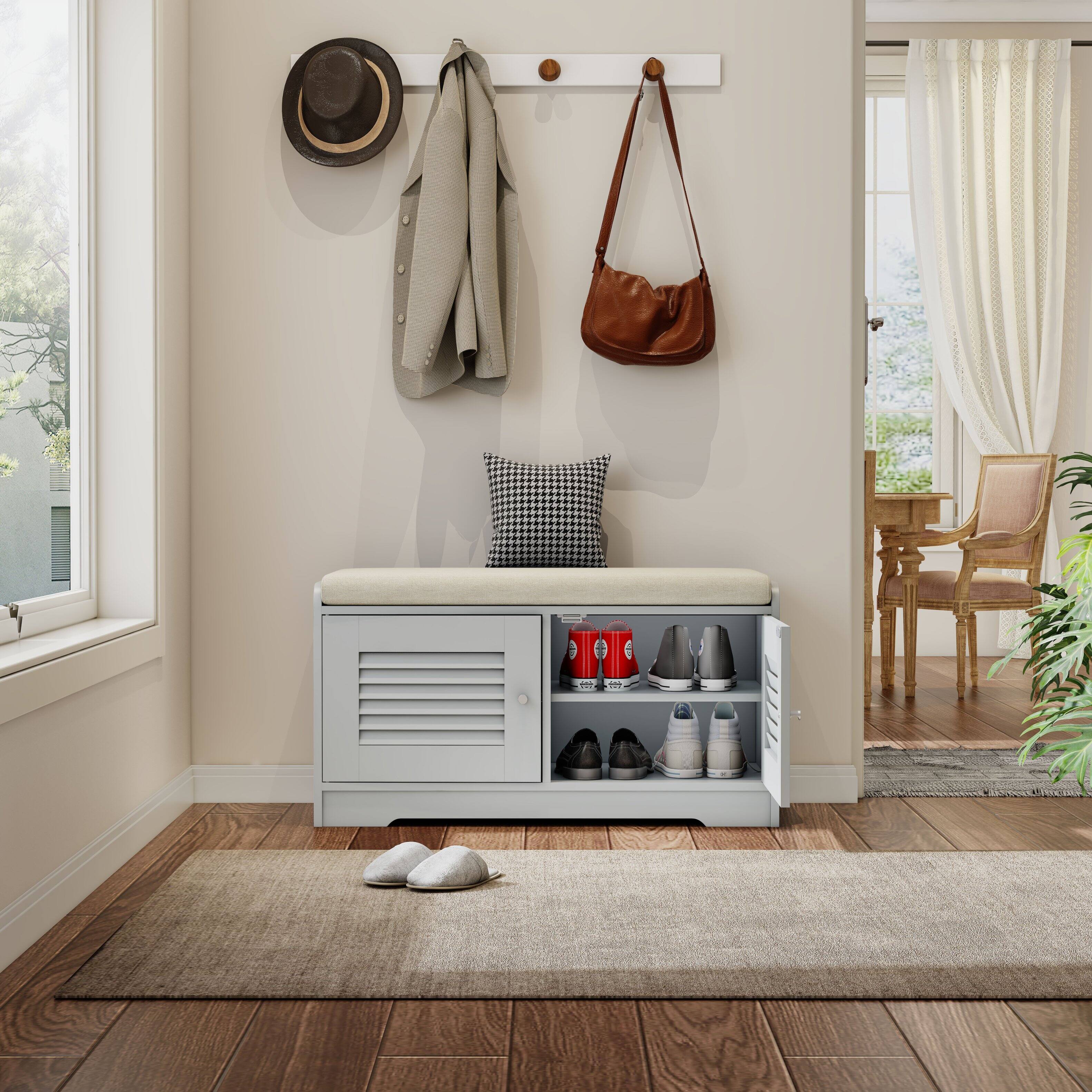 Left. TinyHomie - 28.74in Shoe Storage Bench with 2 Door Cabinet Grey Shoe Storage Shoe Bench with Cushion Adjustable Shelves - Grey.