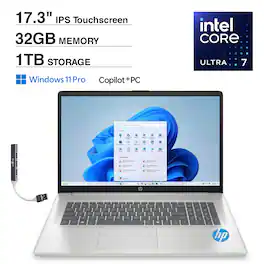 HP - 17 AI Powered Laptop 17.3" Touchscreen Display (Ultra 7-255U, 32GB DDR5, 1TB SSD, Backlit KB, WiFi 6, Win 11 Pro) - Natural Silver