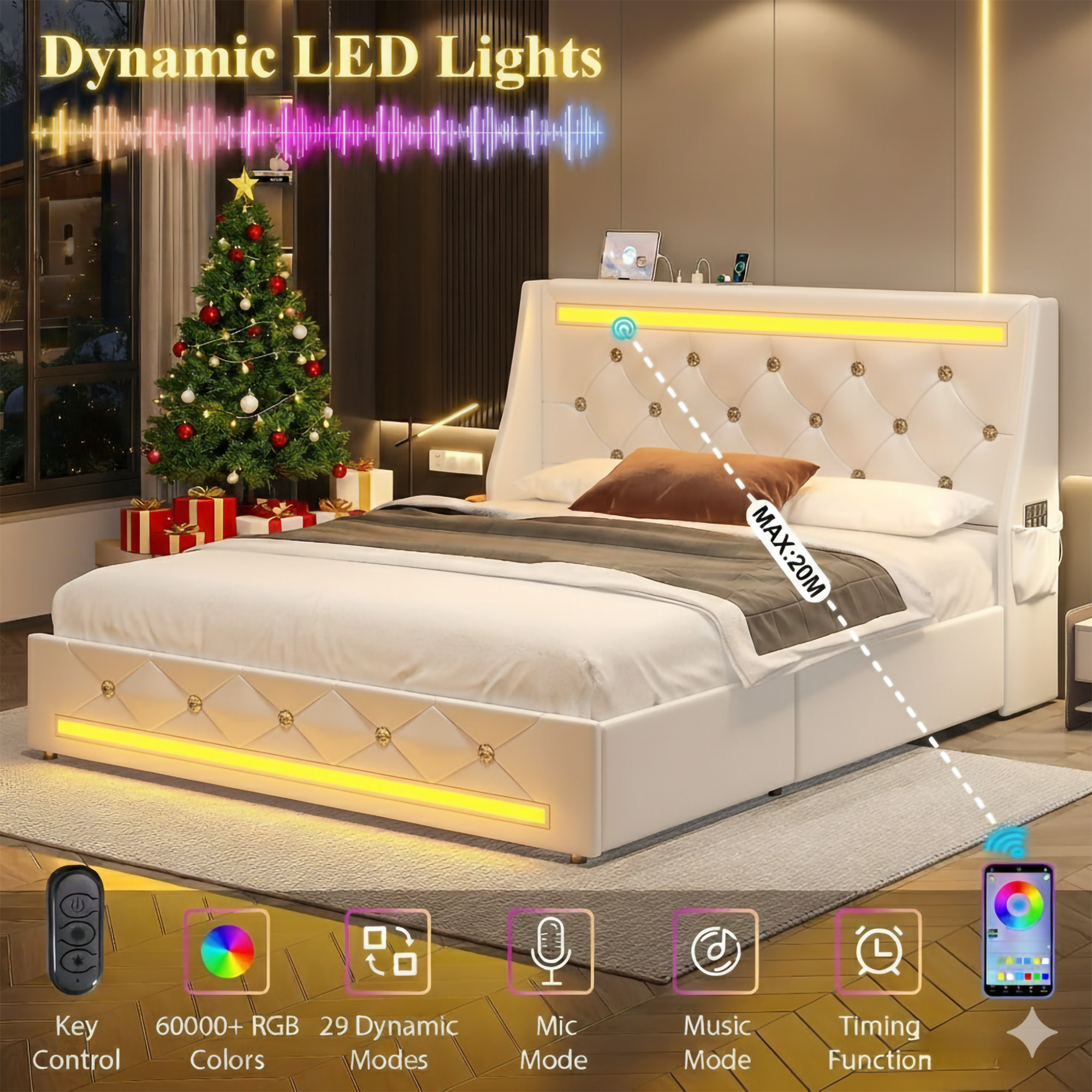 Dynamic LED Lights  
MAX: 20M  
Key Control  
60000+ RGB Colors  
29 Dynamic Modes  
Mic Mode  
Music Mode  
Timing Function