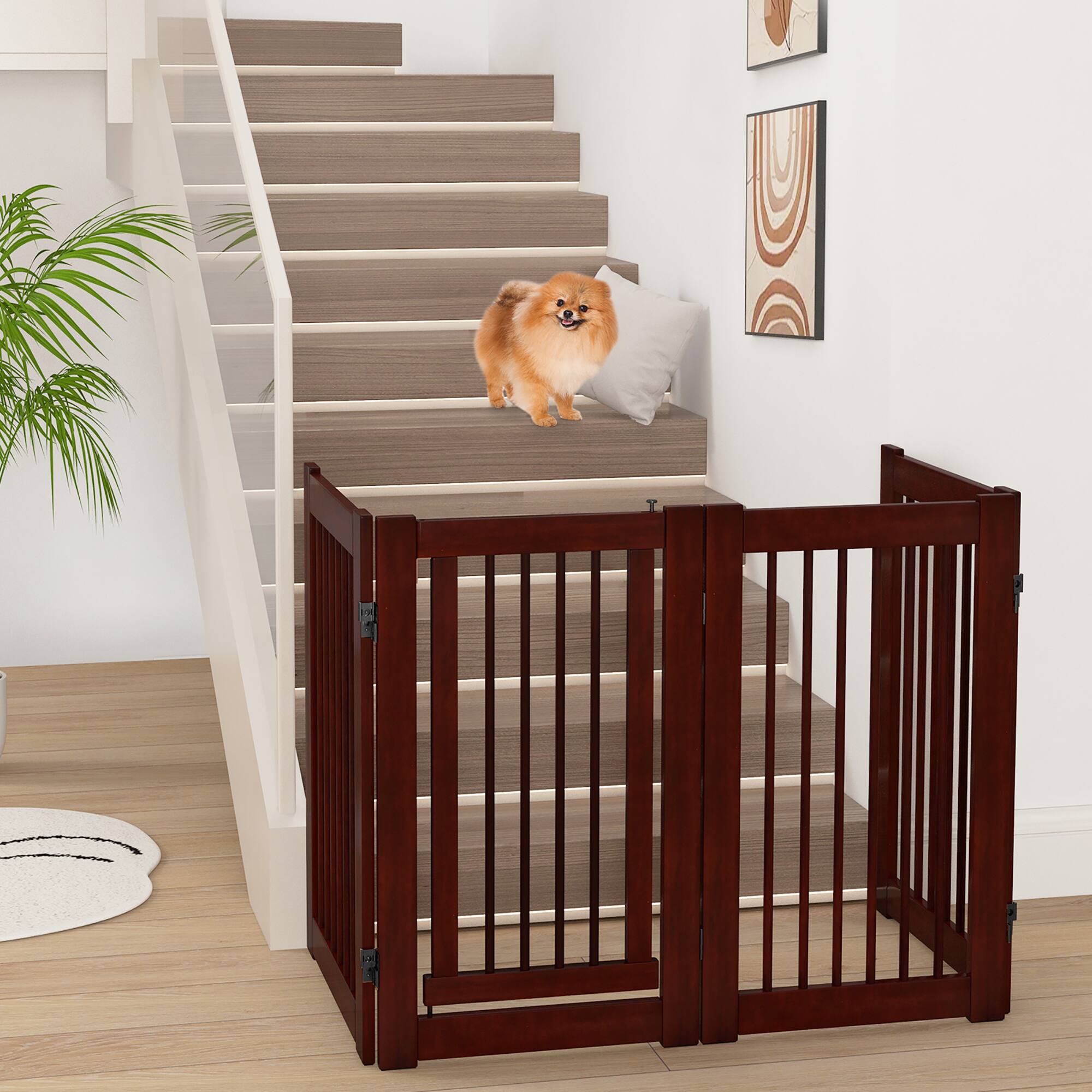Alt View 1. Gymax - Gymax Freestanding Pet Gate 30'' Tall 4-Panel Wooden Dog Fence Solid Wood Foldable.