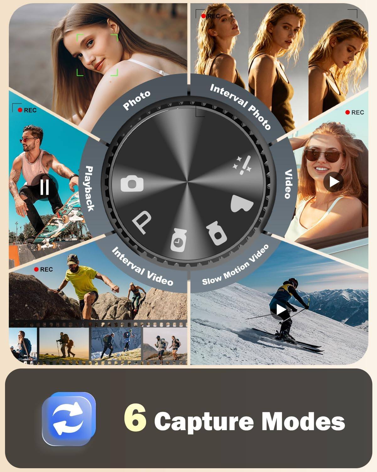 REC

Playback
Photo
Interval Photo
Video
Interval Video
Slow Motion Video

6 Capture Modes