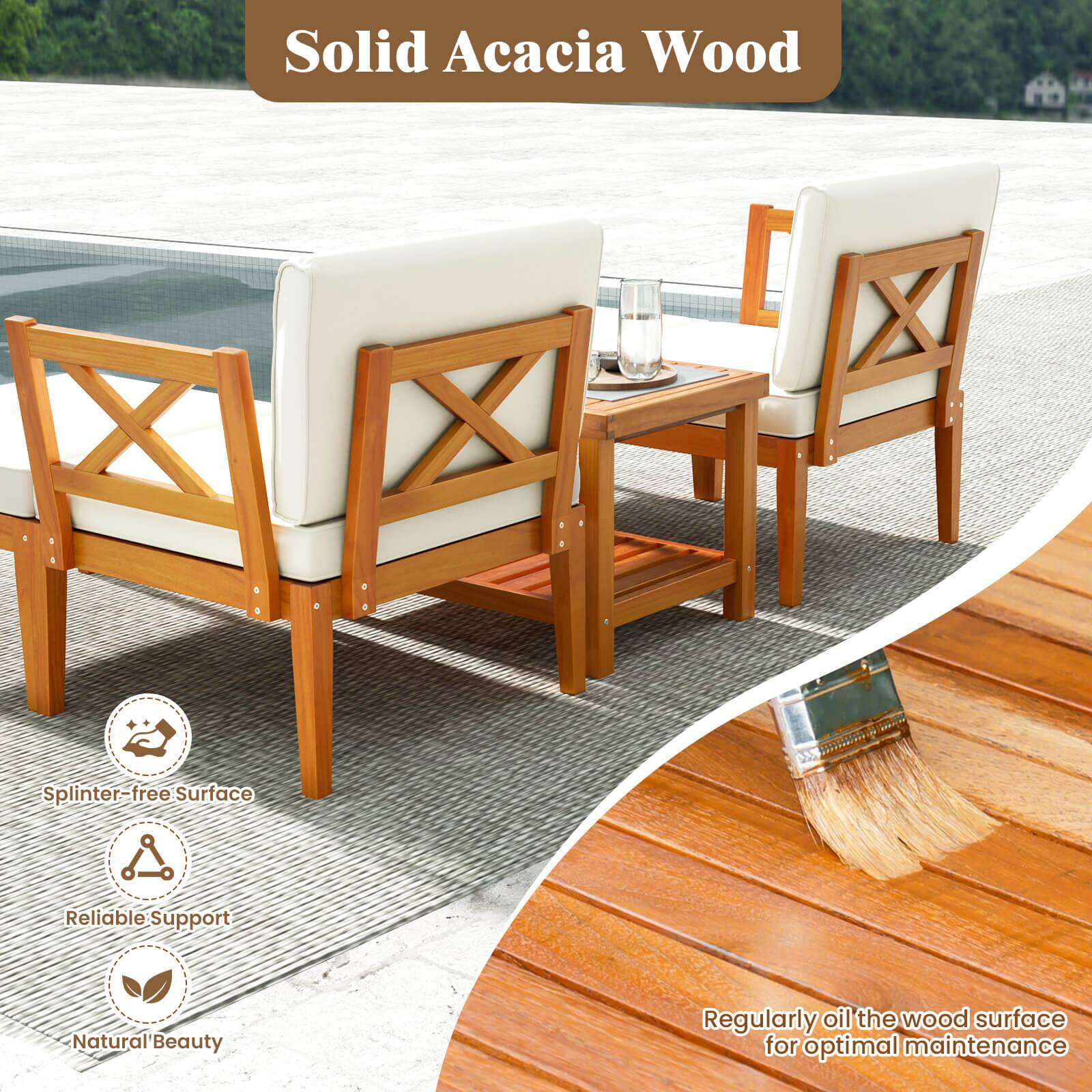 Solid Acacia Wood: Splinter-free surface, reliable support, natural beauty. Regularly oil the wood surface for optimal maintenance.
