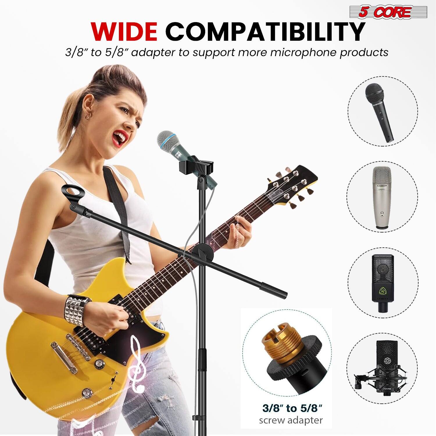 5 CORE, WIDE COMPATIBILITY, 3/8" to 5/8" adapter to support more microphone products, 3/8" to 5/8" screw adapter